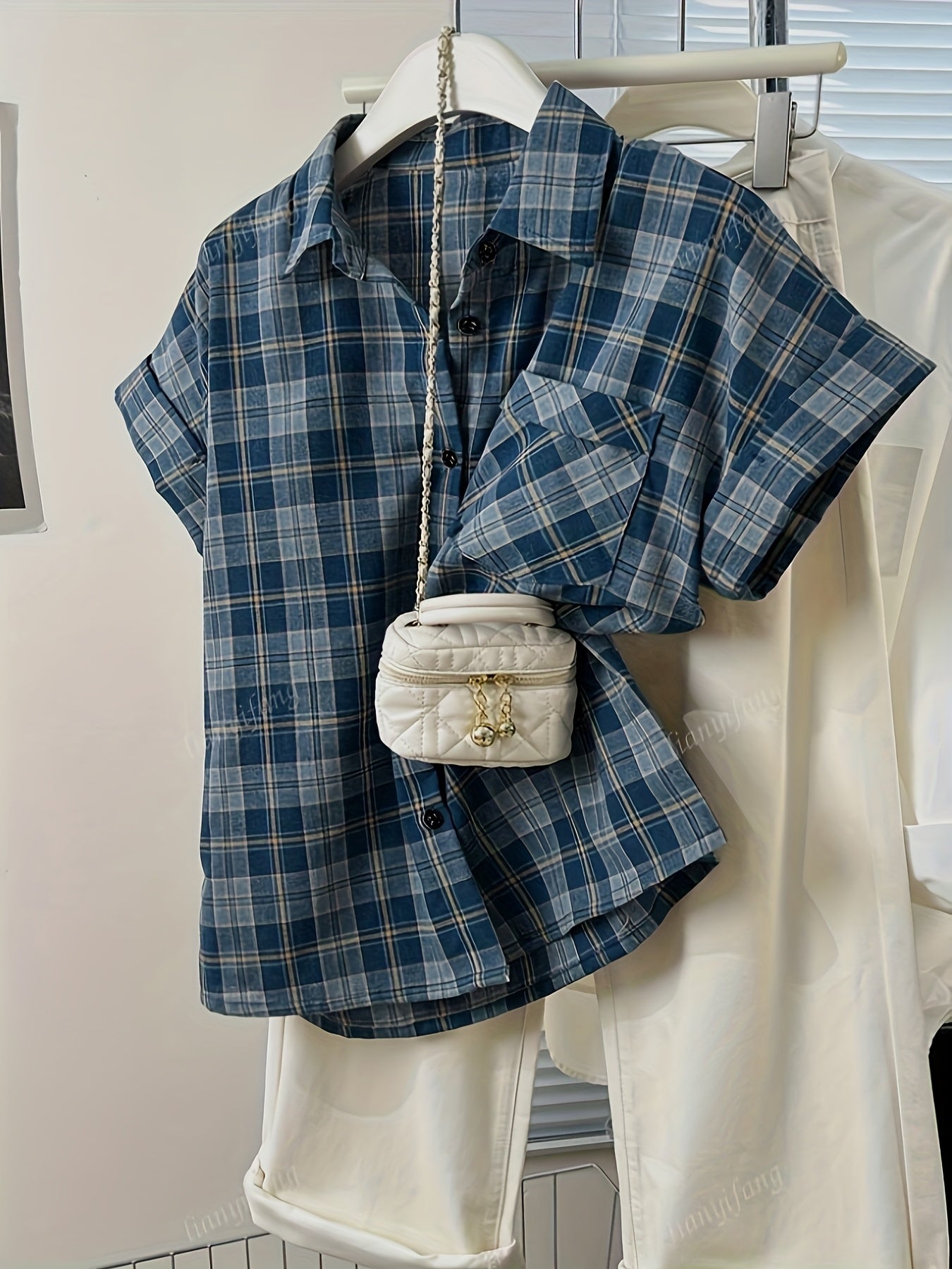 Women's Blue Plaid Loose Fit Casual Short Sleeve Shirt