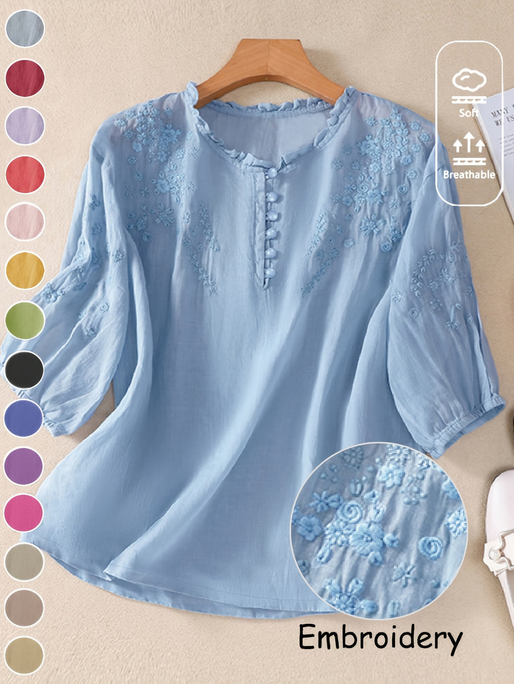 Women's Spring/Summer Embroidered Loose Fit Retro Mid-Sleeve Blouse