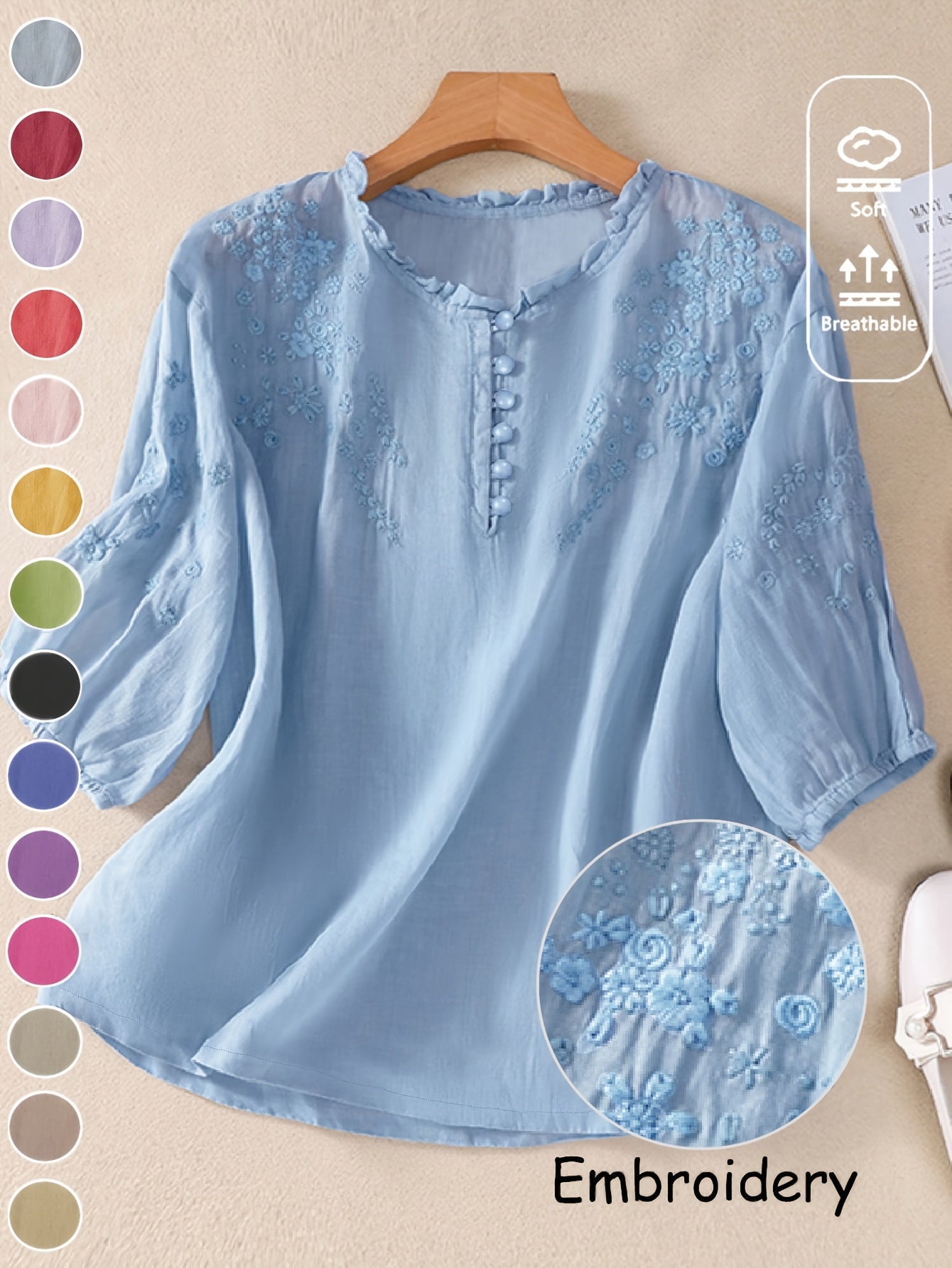 Women's Spring/Summer Embroidered Loose Fit Retro Mid-Sleeve Blouse