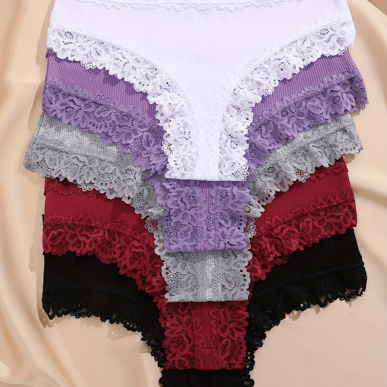 5pcs Solid Lace Trim Briefs, Comfy & Breathable Intimate Panties, Women's Lingerie & Underwear