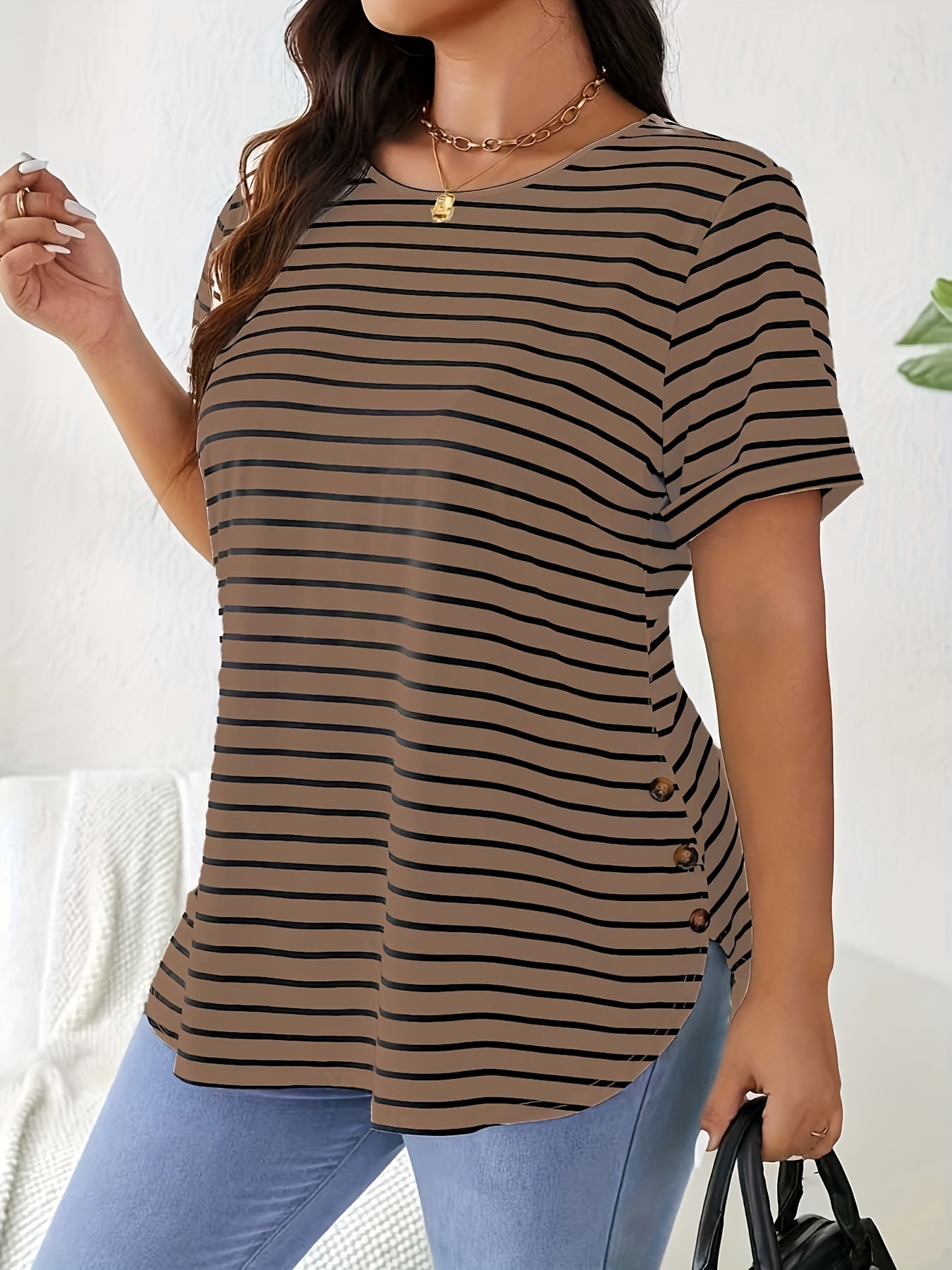 Plus Size Women's Elegant Striped Round Neck T-Shirt - Black & White Horizontal Stripes, Medium Stretch, Button Detail, Spring Summer Fall