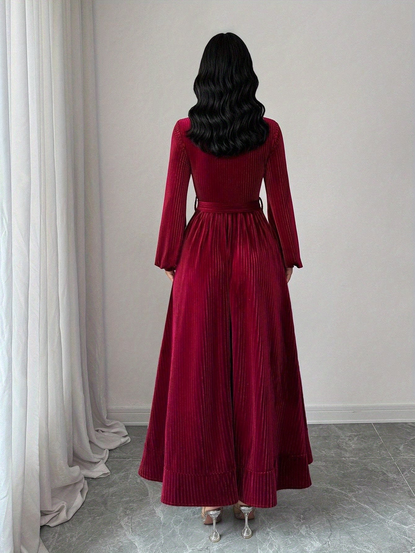 Burgundy Velvet Pearl Dress, Christmas Day, Fall-Winter