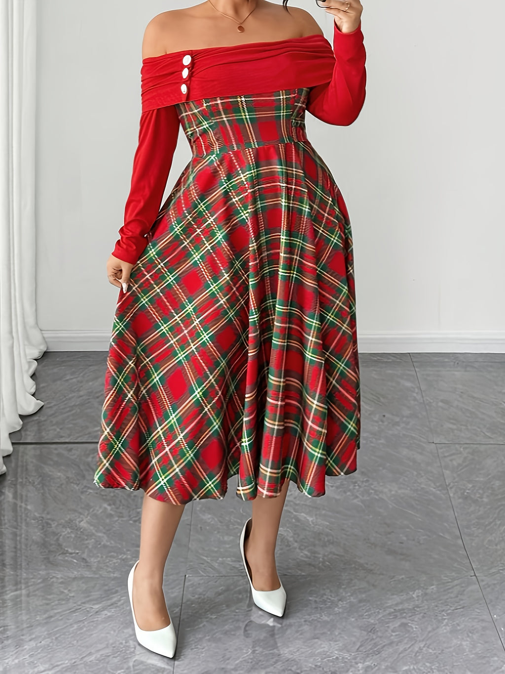 Plus Size Women's Off the Shoulder Long Sleeve Plaid Dress with Faux Pearl Buttons Suitable for Halloween, Chinese New Year, Christmas,