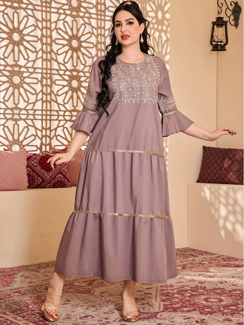 Elegant Ethnic Style Three Quarter Length Ruffle Sleeve Dress with Embroidery