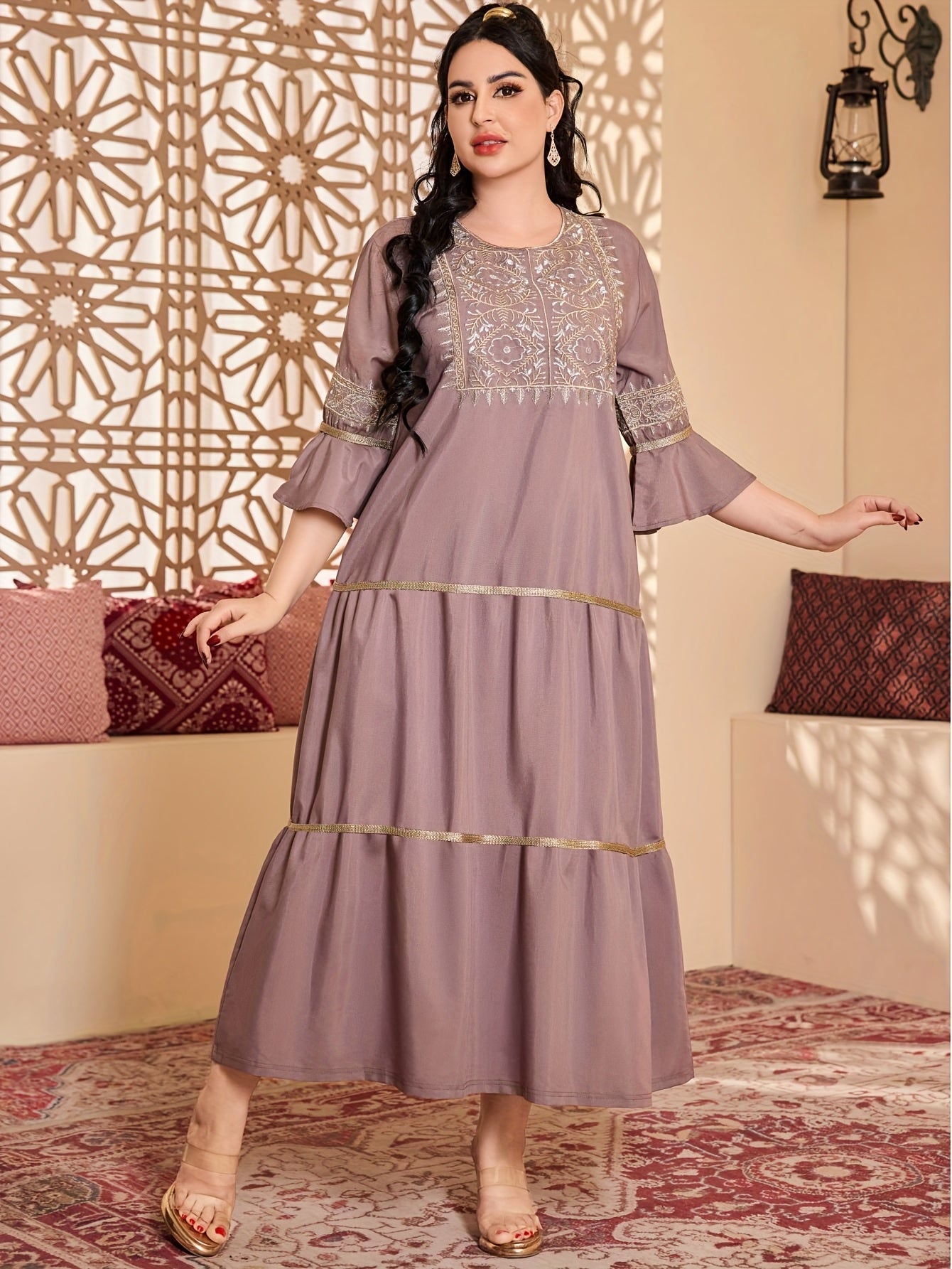 Elegant Ethnic Style Three Quarter Length Ruffle Sleeve Dress with Embroidery