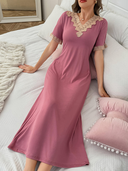 Long Contrast Lace Spliced Nightgown