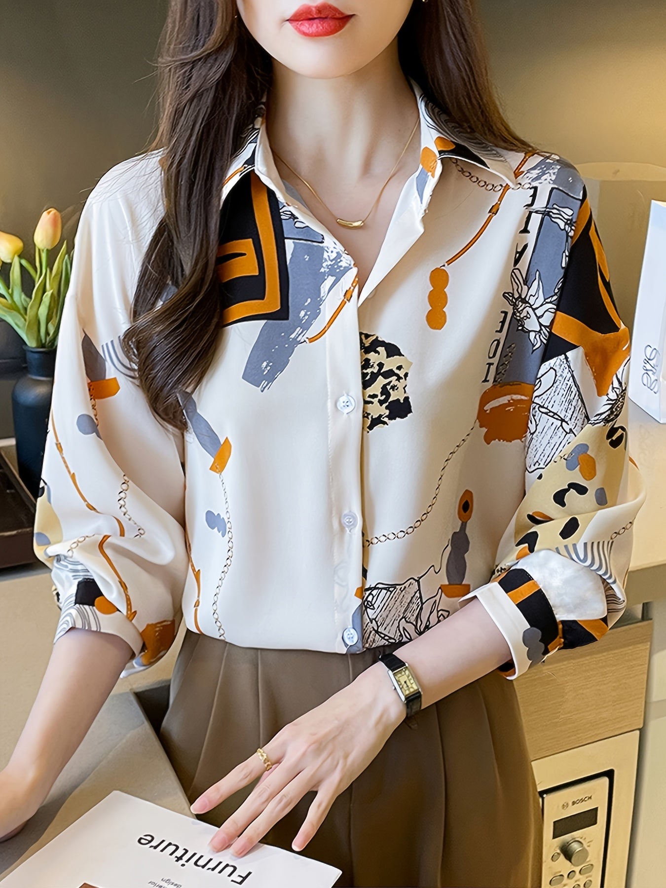 Polyester Women's Vintage-Inspired Long Sleeve Polo Collar Blouse