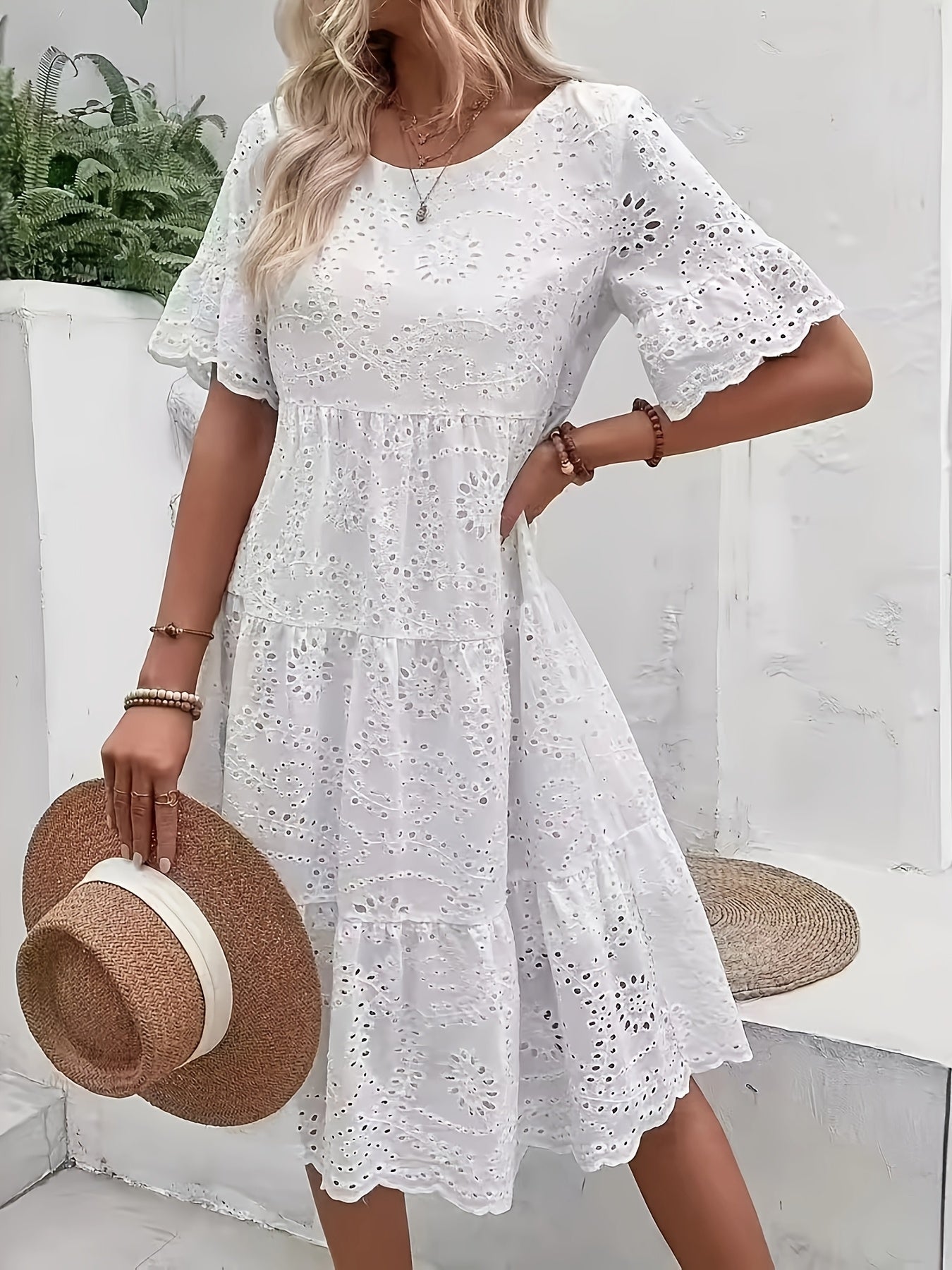 Solid Color Embroidered Lace Dress