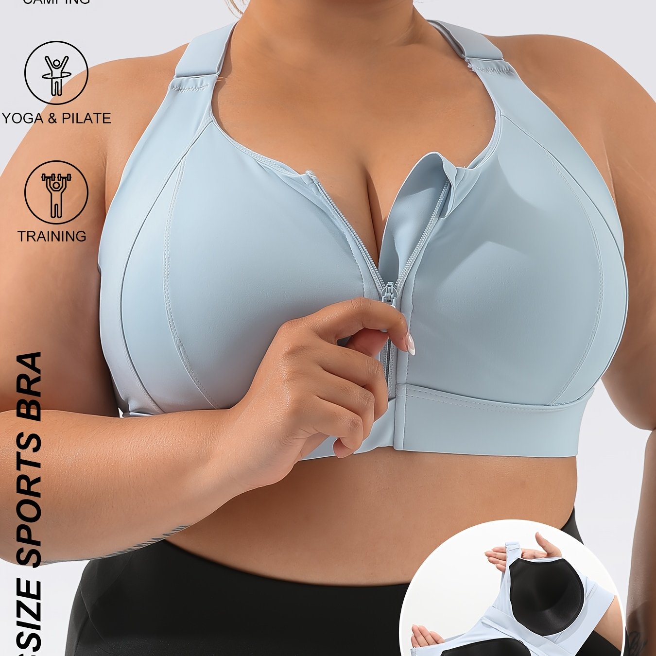 Plus Size Sports Bra with Front Zipper - High Impact, High Support, Adjustable Straps for Yoga