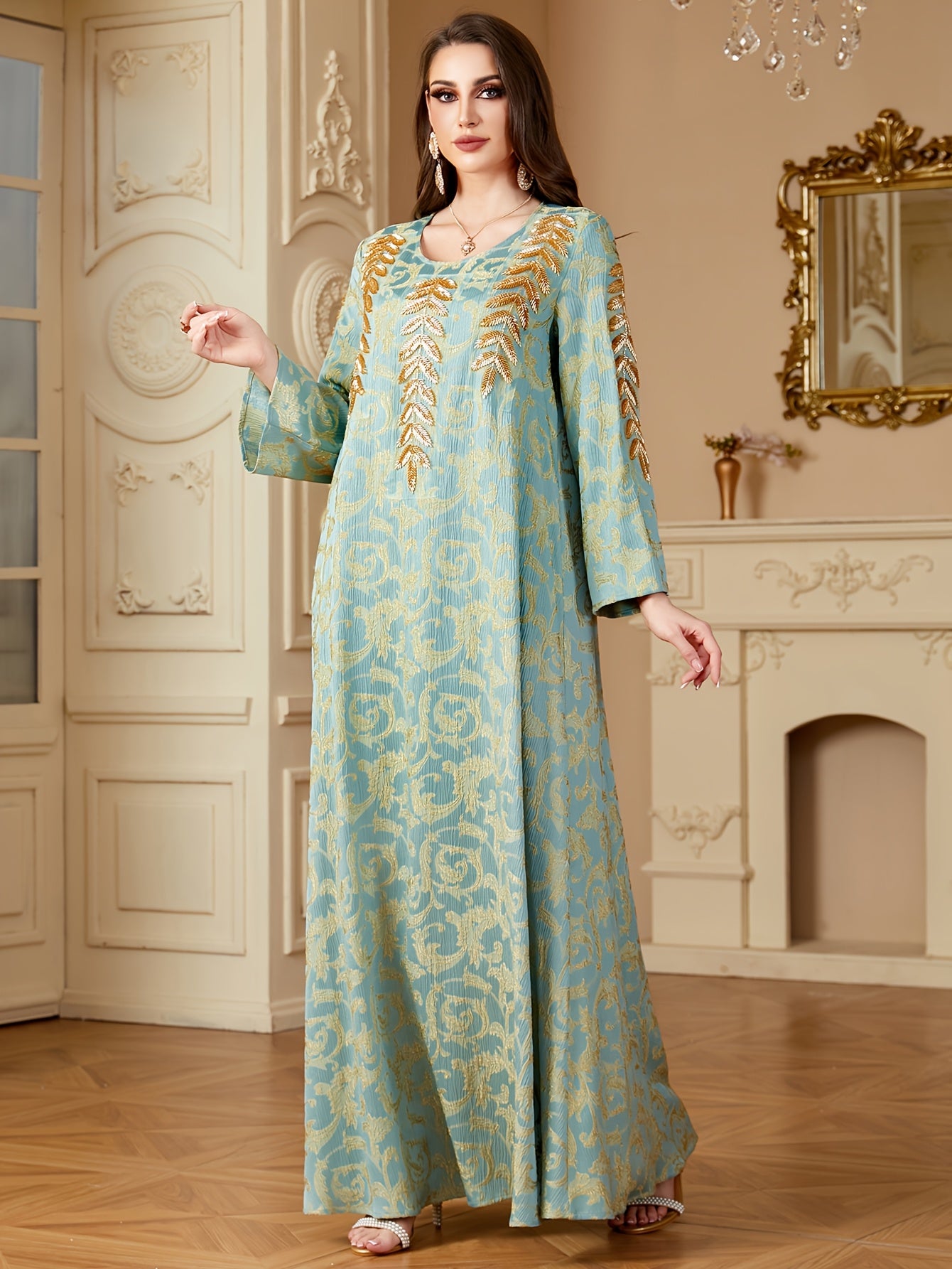 Women's Elegant Middle Eastern-Inspired A-Line Dress with Floral Appliqué