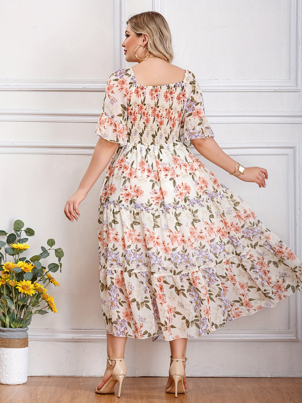 Plus Size Floral Print Chiffon Dress - Loose Fit