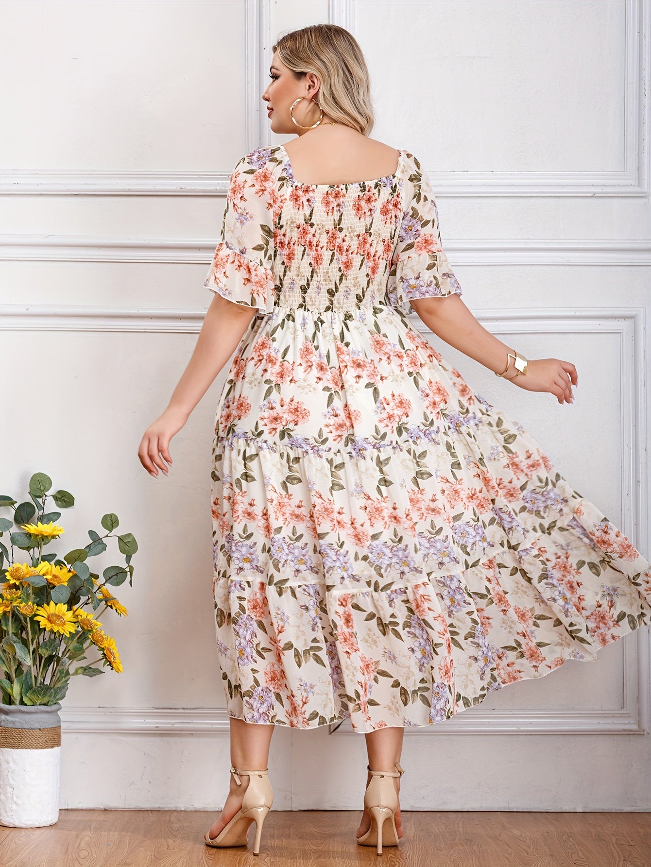 Plus Size Floral Print Chiffon Dress - Loose Fit