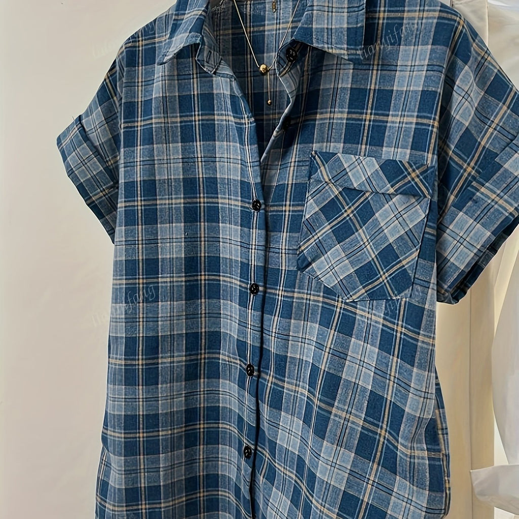 Women's Blue Plaid Loose Fit Casual Short Sleeve Shirt