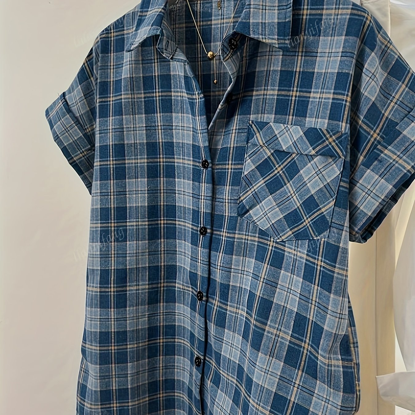 Women's Blue Plaid Loose Fit Casual Short Sleeve Shirt