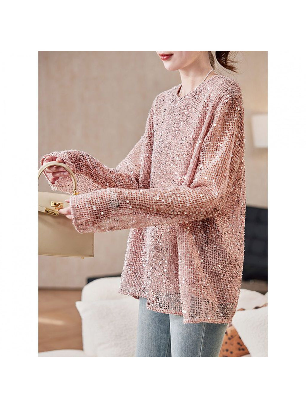 Women's Elegant Sequin Chiffon Blouse - Reversible Round Neck Top