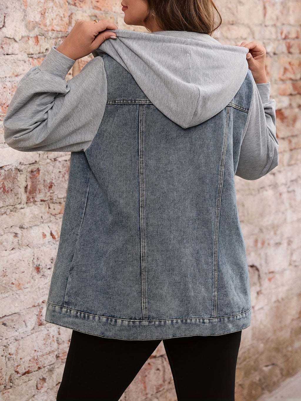 Denim Jacket and Long Pants | Elegant Hooded Design with Patchwork Details
