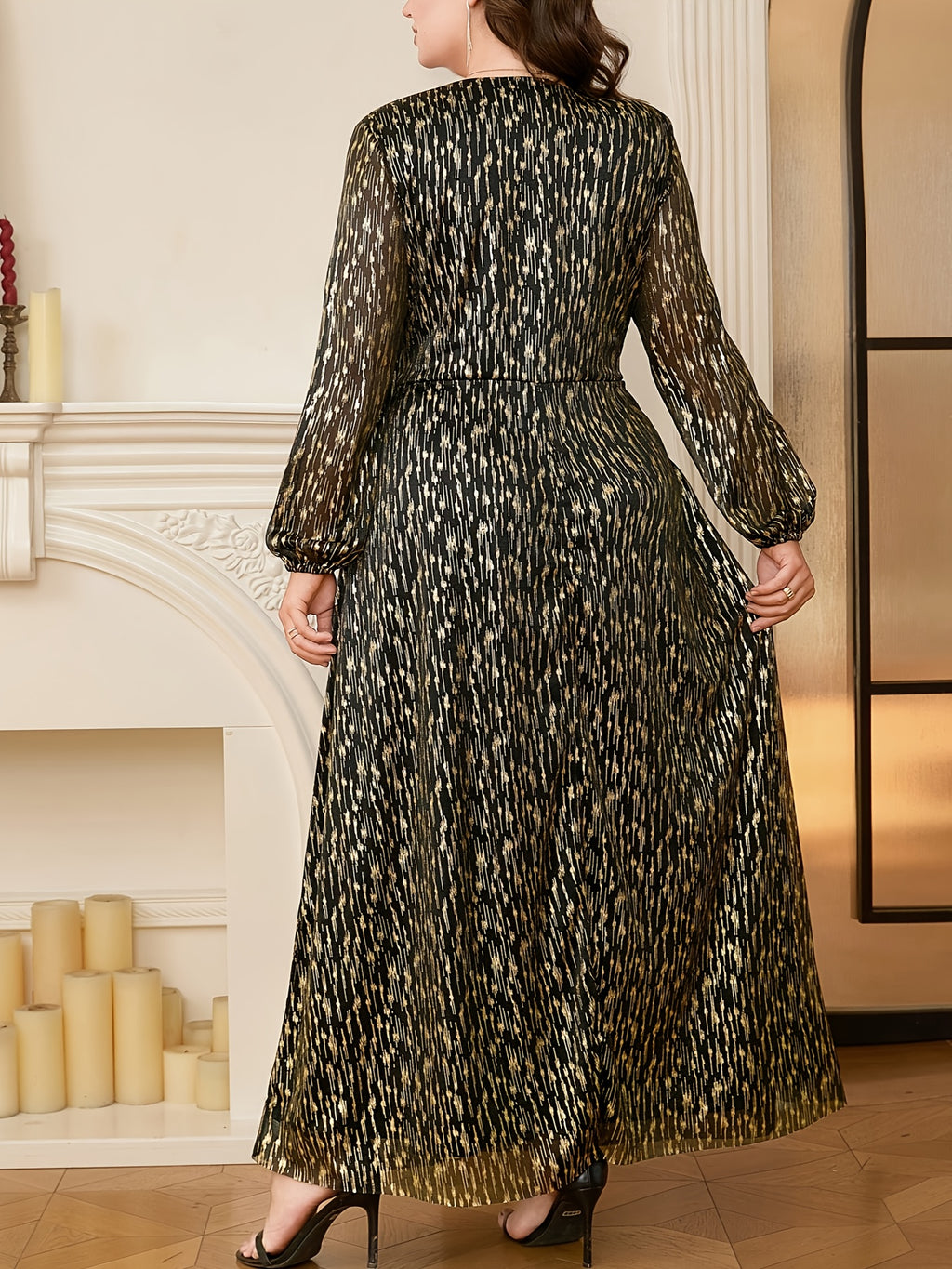 Plus Size Elegant Maxi Dress, Long Sleeve V-Neck