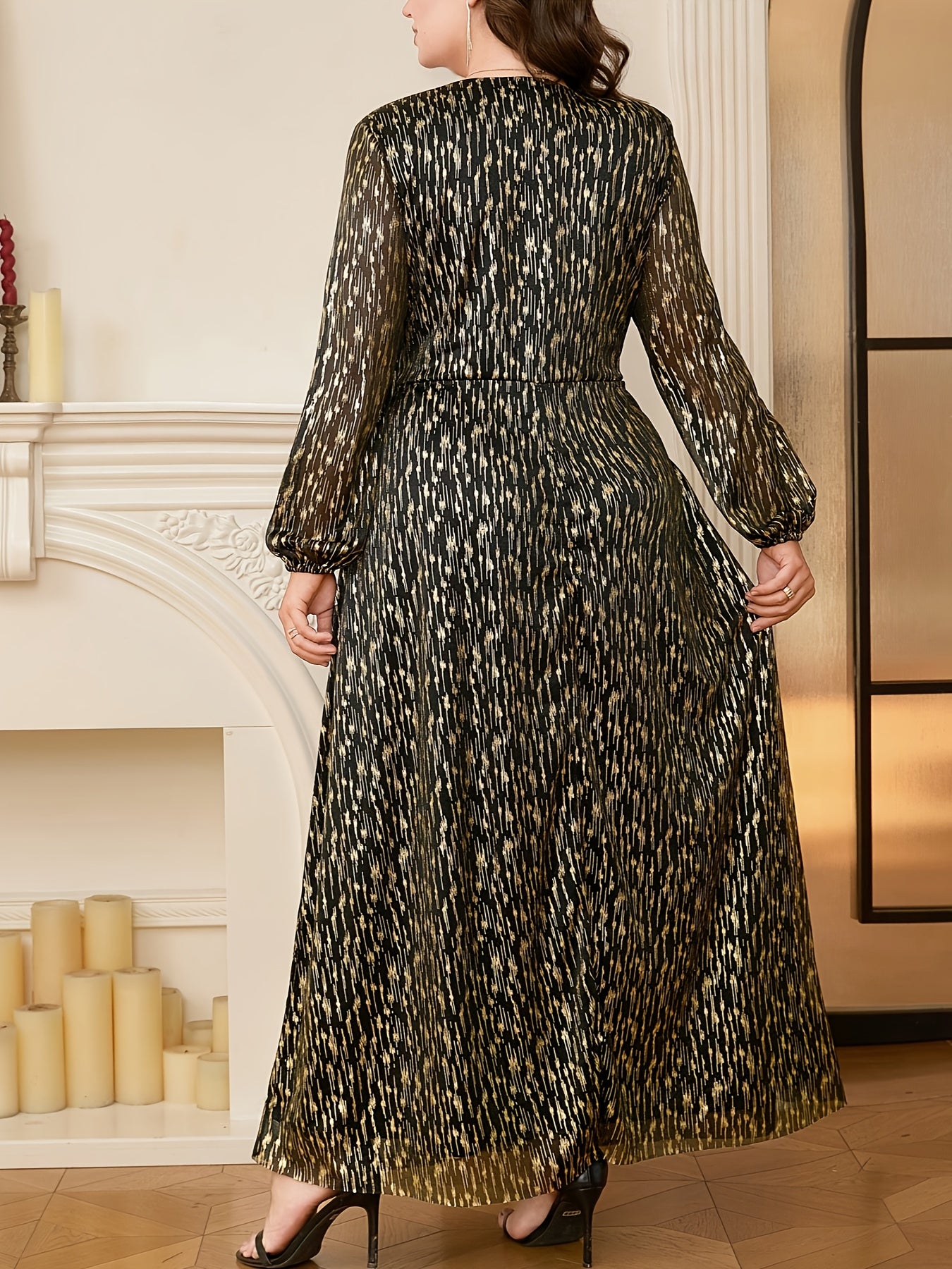 Plus Size Elegant Maxi Dress, Long Sleeve V-Neck