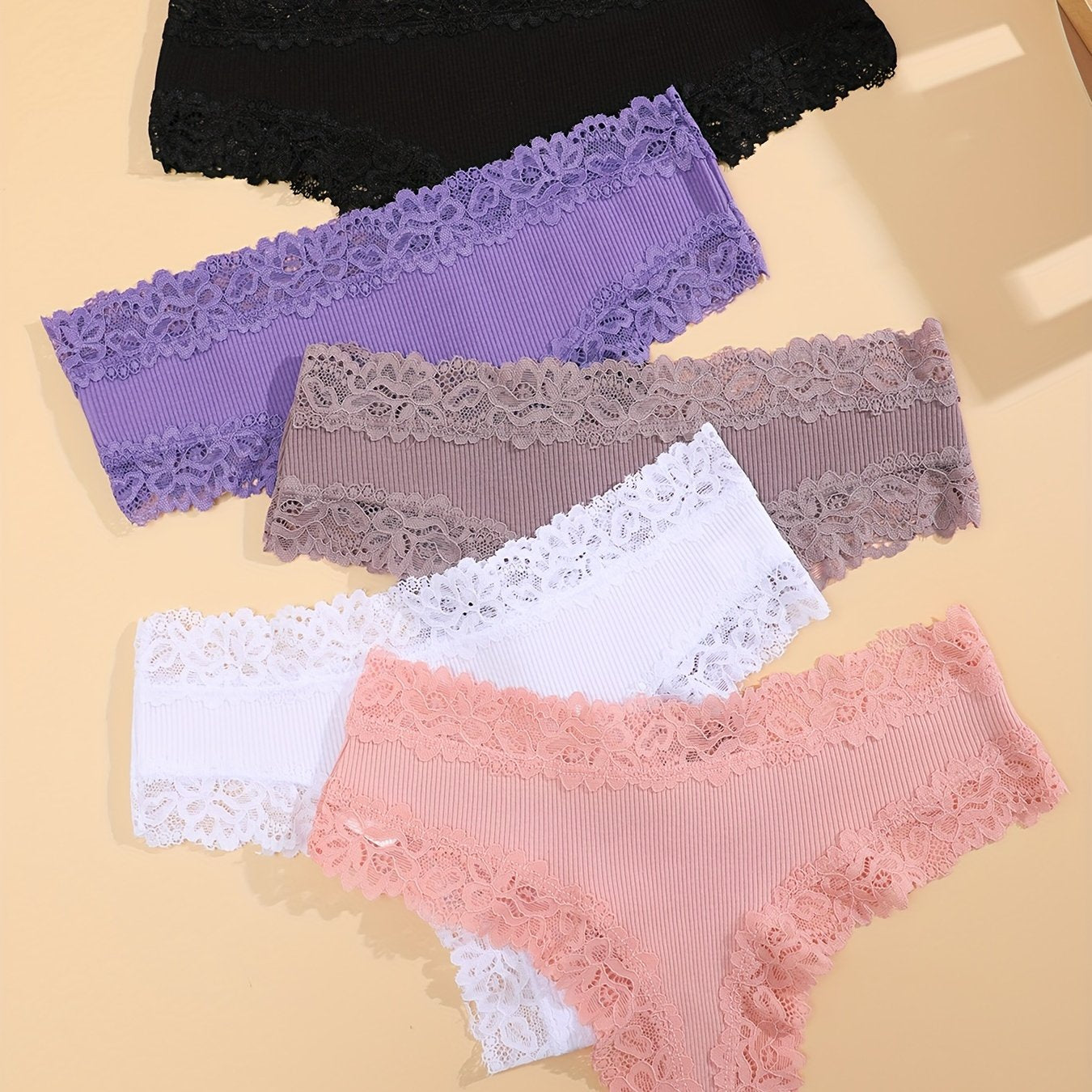 5pcs Solid Lace Trim Briefs, Comfy & Breathable Intimate Panties, Women's Lingerie & Underwear