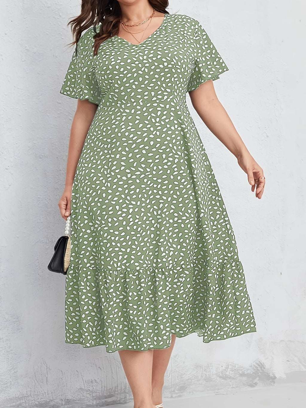 Women'S Plus Size Green Floral Print Dress - Short Sleeve