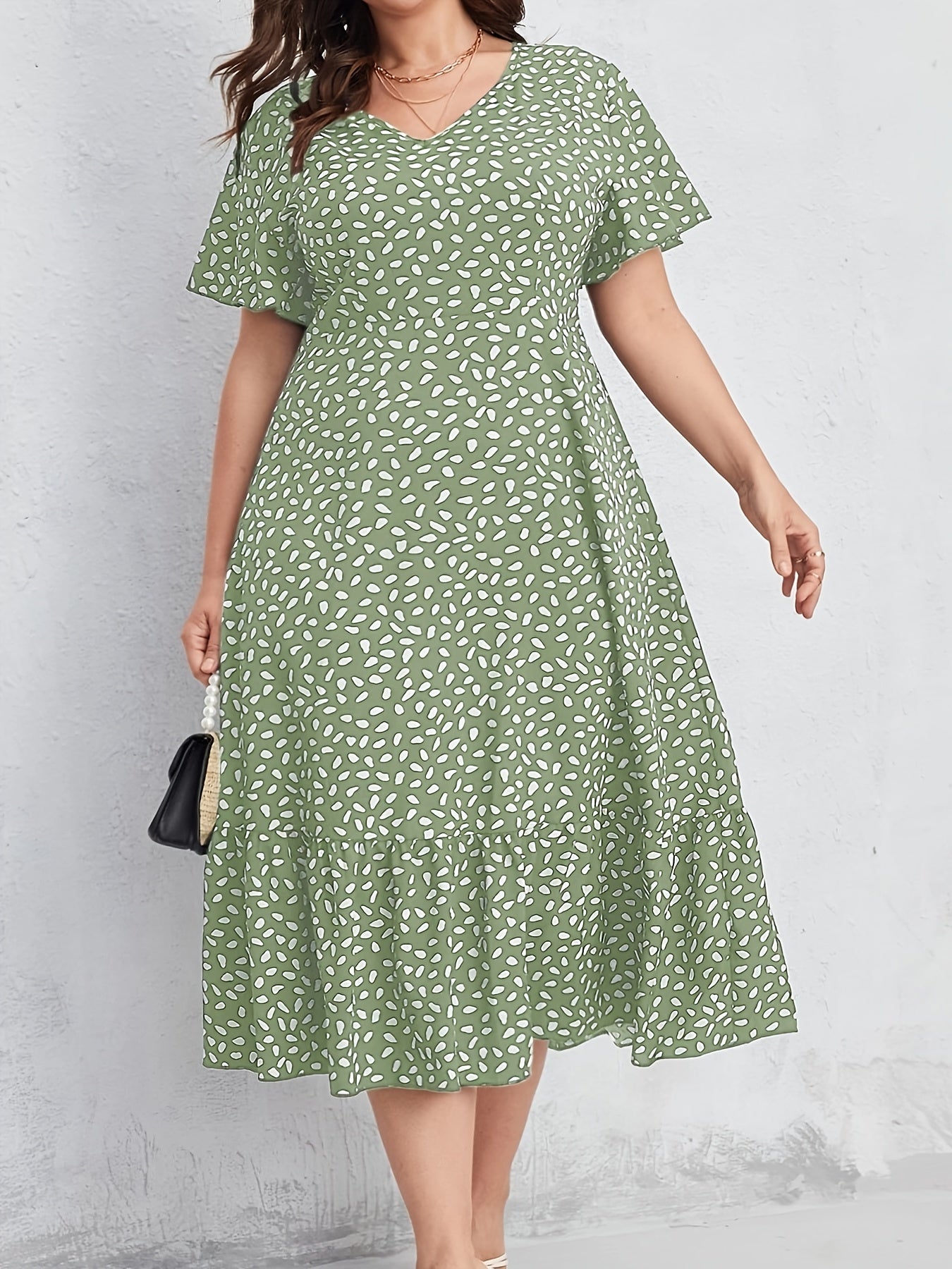 Women'S Plus Size Green Floral Print Dress - Short Sleeve