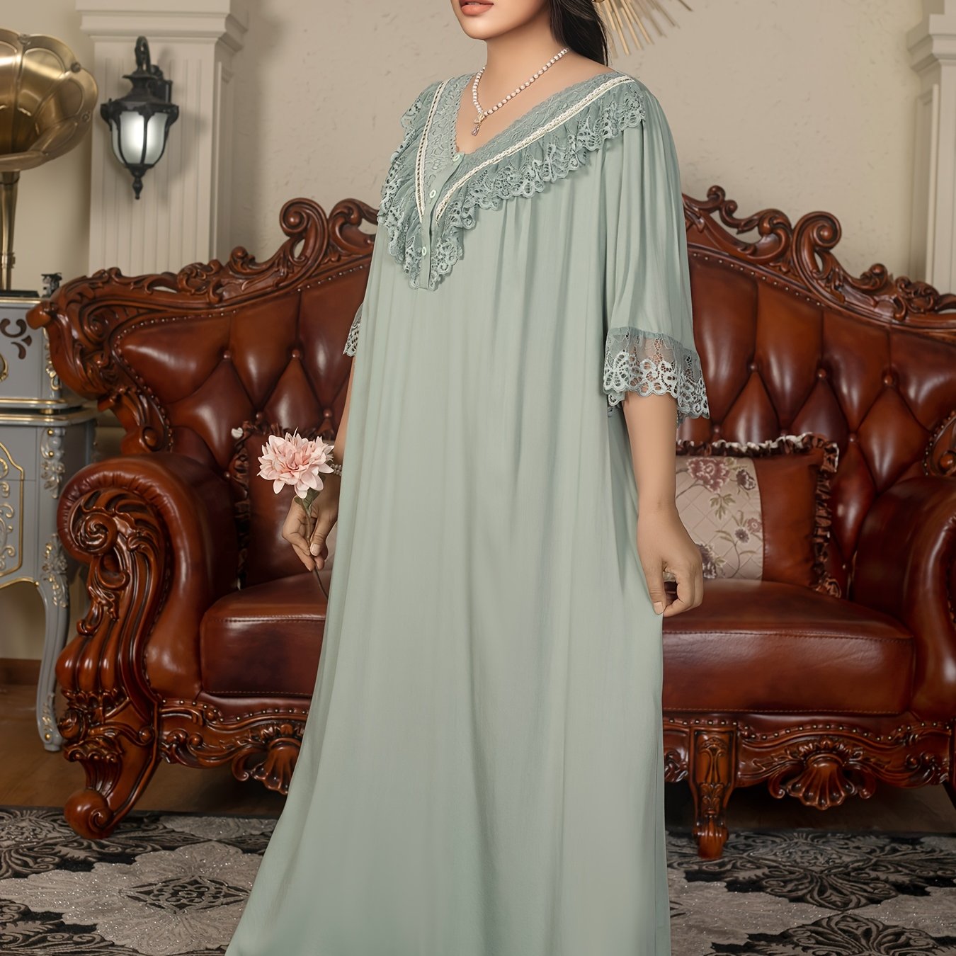Plus Size Royal Style Nightgown - Long Sleeve V-Neck, Lace Detail, Light Green, Non-Stretch Fabric