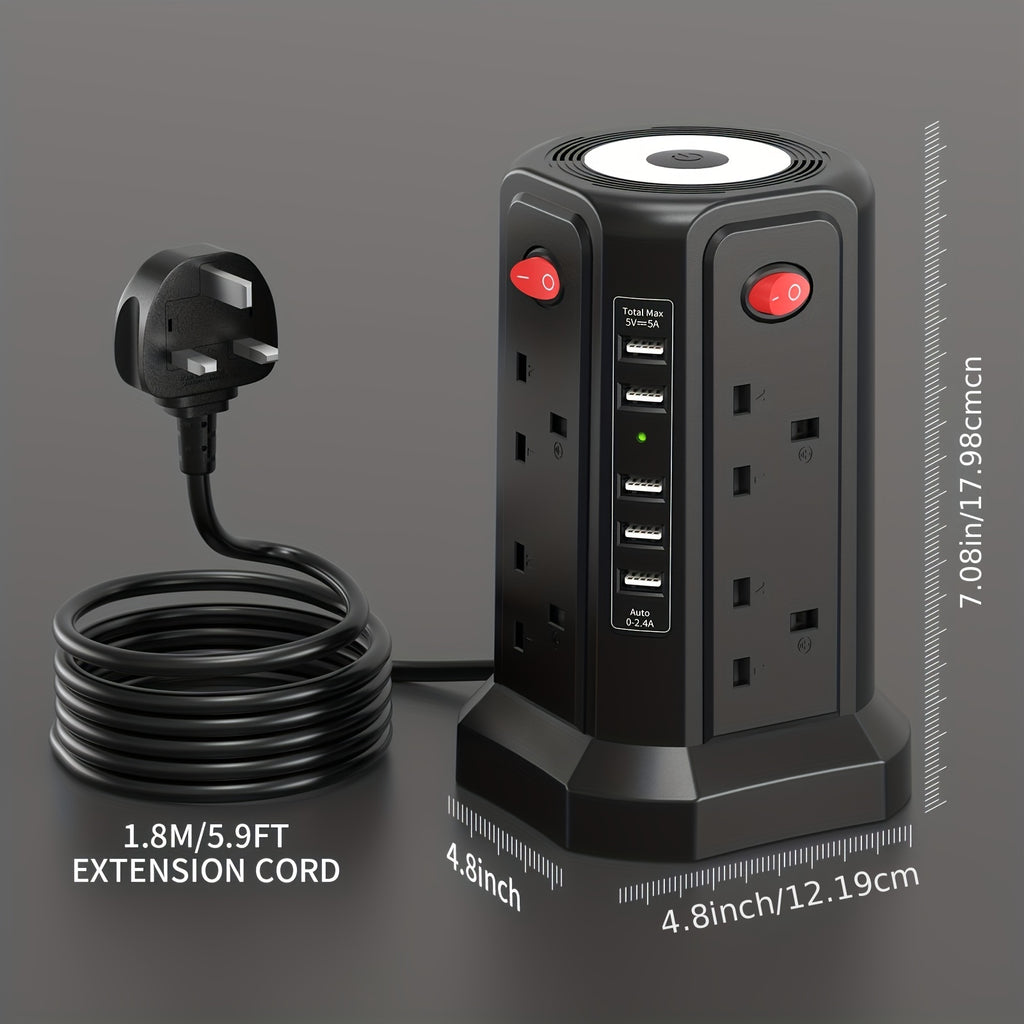 Extension Cord with USB Plug and Night Light, 13A 3250W Extension Tower with 5 USB Ports and 8 Way Plugs