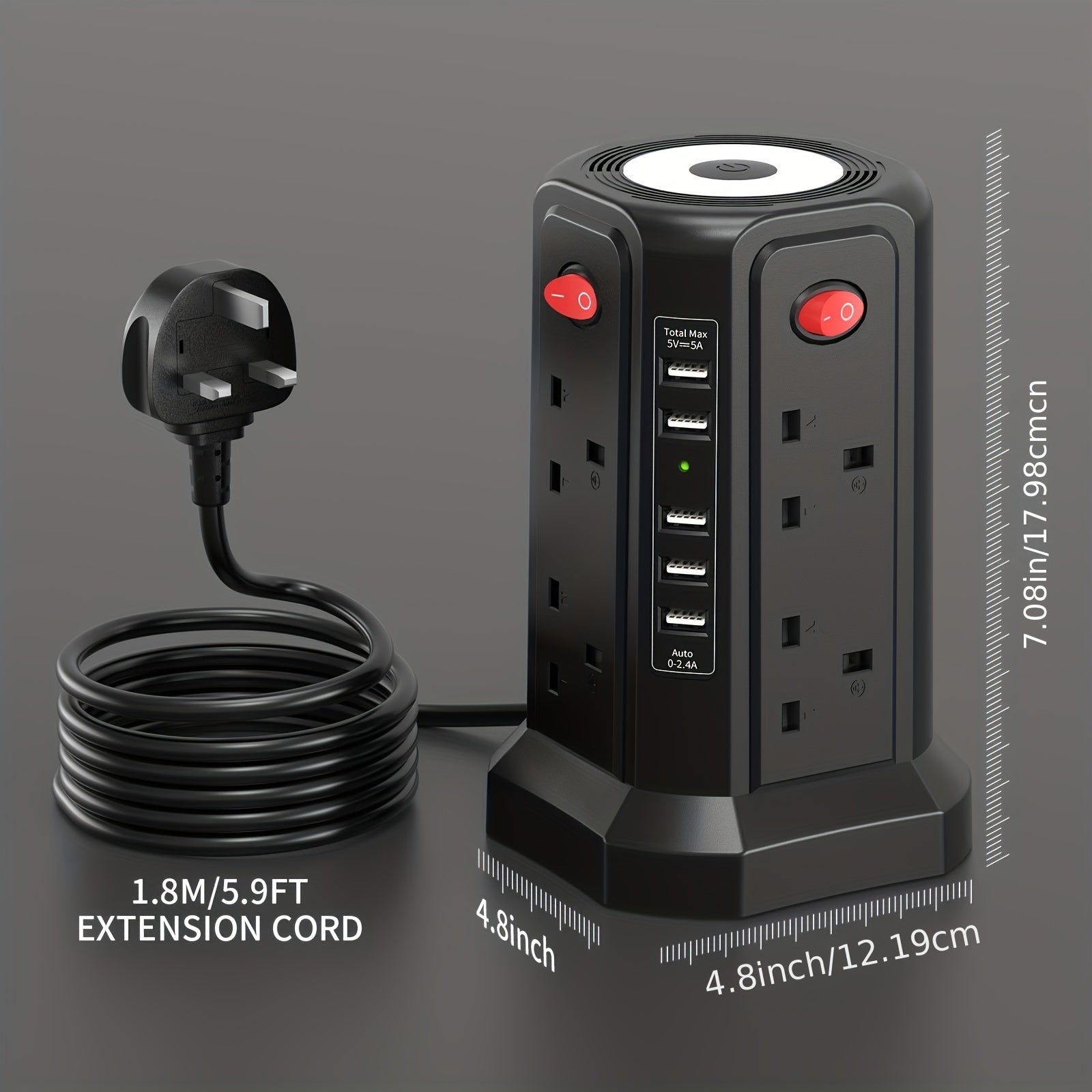 Extension Cord with USB Plug and Night Light, 13A 3250W Extension Tower with 5 USB Ports and 8 Way Plugs