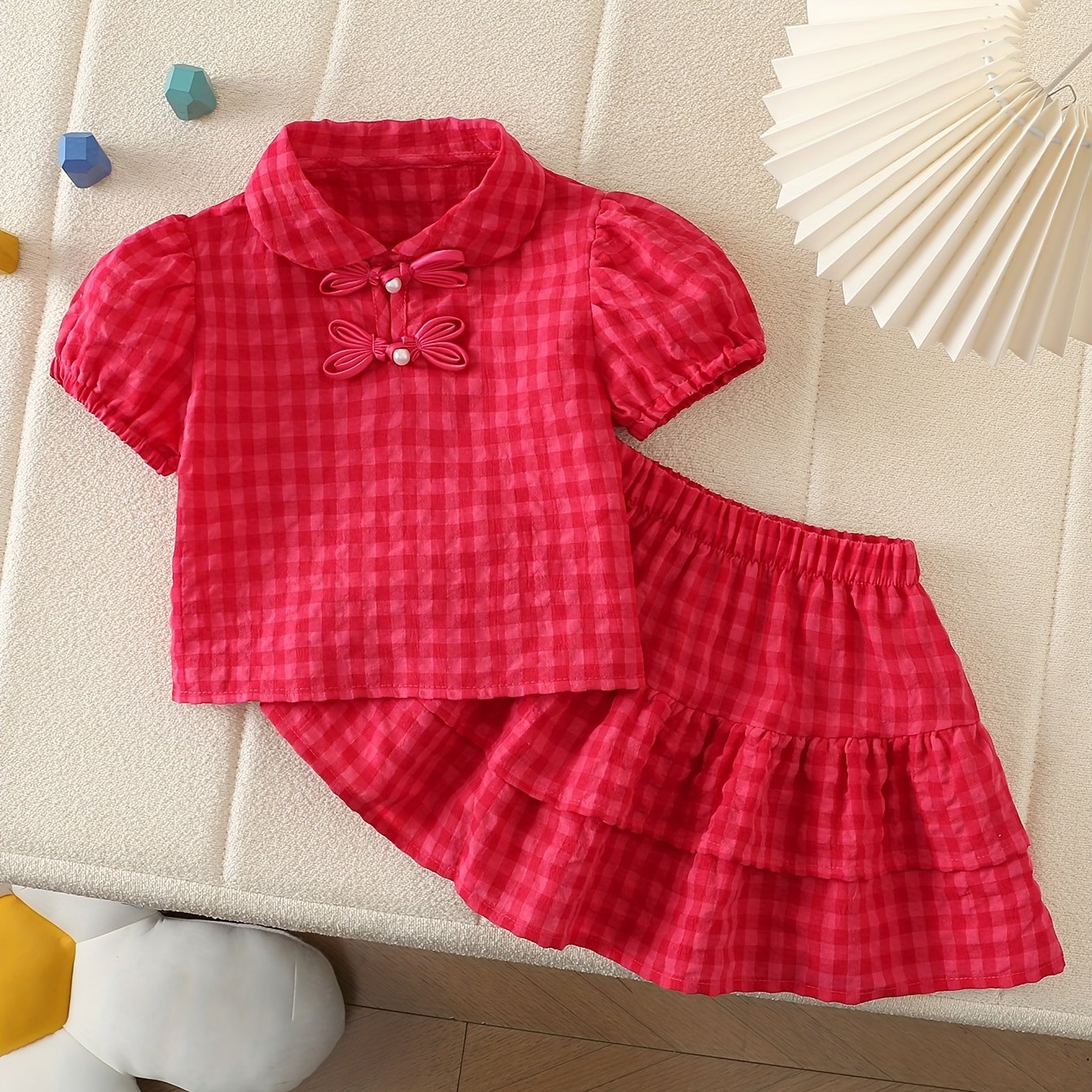 2pcs Korean Style Red Grid Half Sleeve Skirt Set for Youngsters Girls