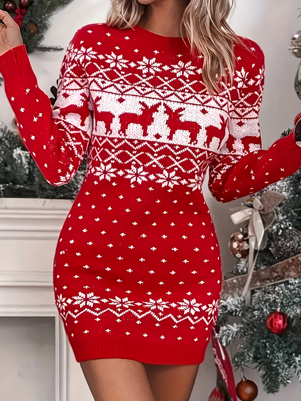 Women'S Christmas Reindeer Print Sweater Dress - Long Sleeve, Round Neck, Ribbed Texture