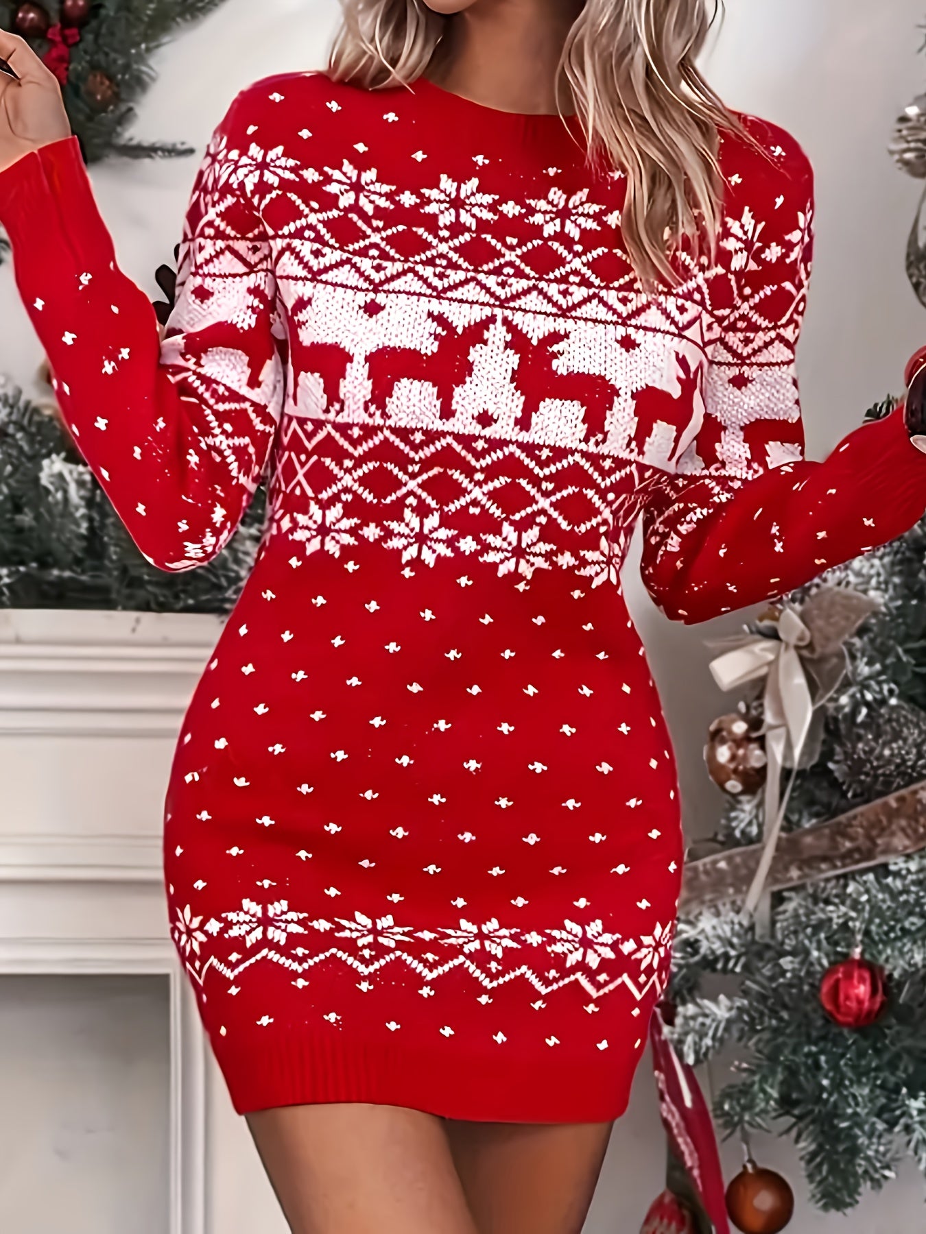 Women'S Christmas Reindeer Print Sweater Dress - Long Sleeve, Round Neck, Ribbed Texture