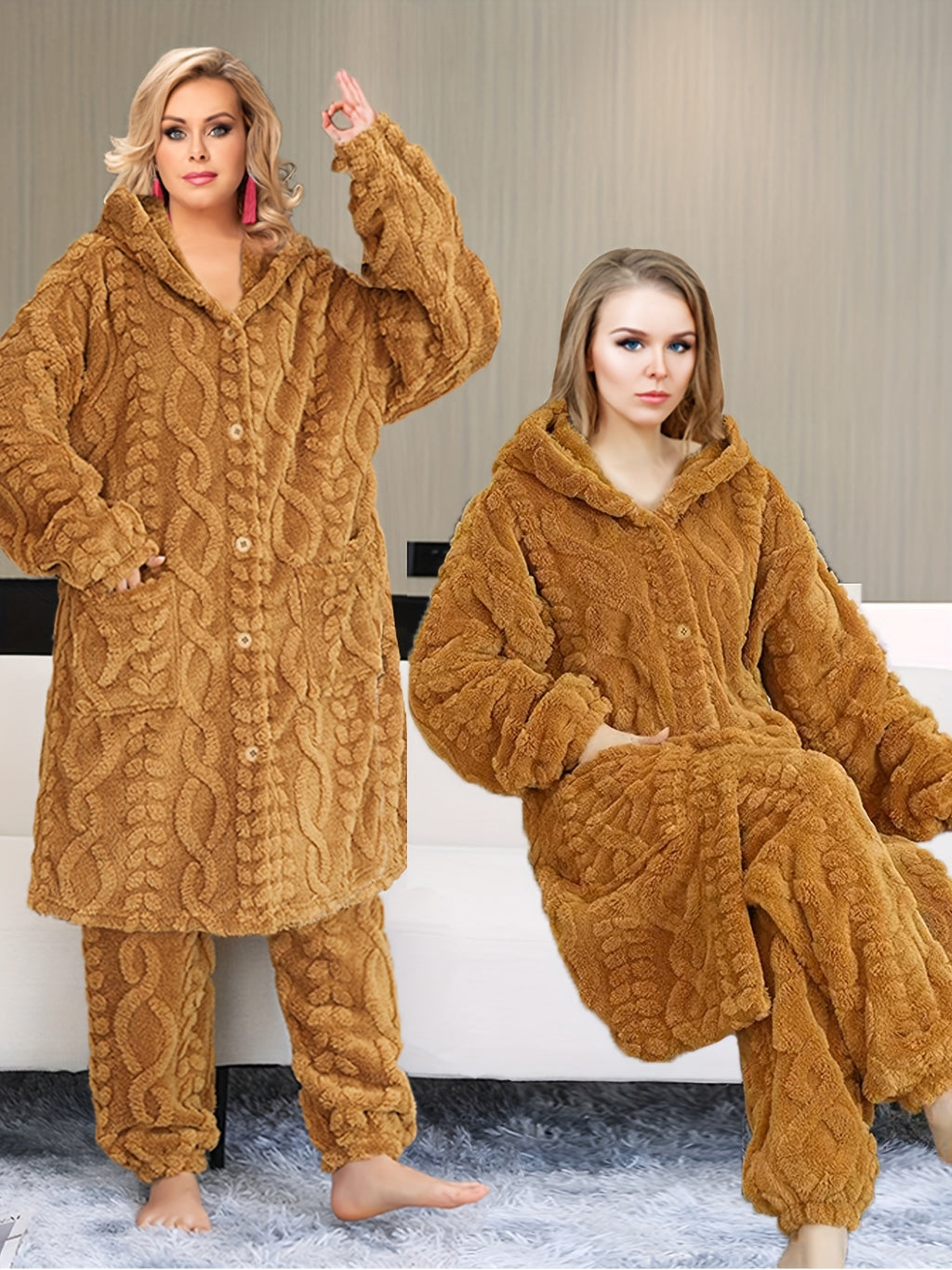 Thick Flannel Pajama Set for Women & Men - Winter Hooded Thermal Sleepwear with Front Button Placket