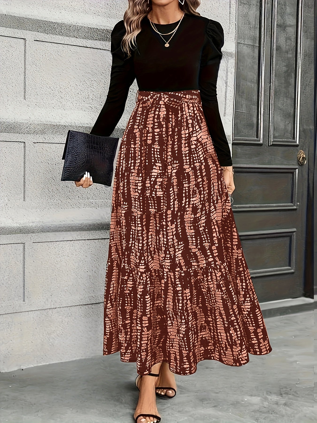 Women's Elegant Bubble Long Sleeve Midi Dress with Adjustable Waist Belt