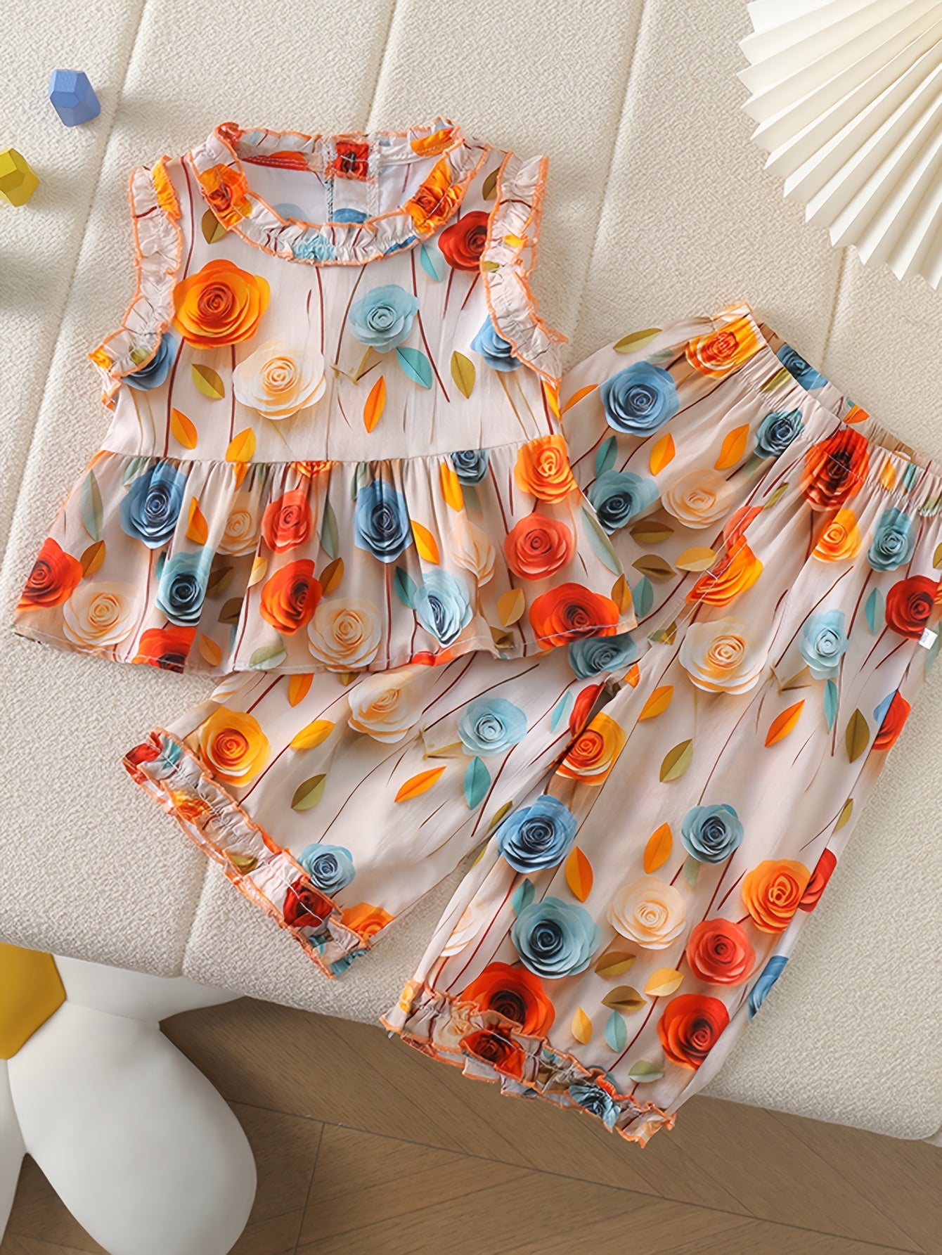 Chic Floral Sleeveless Top & Wide-Leg Pants Set - Colorful Botanical Print