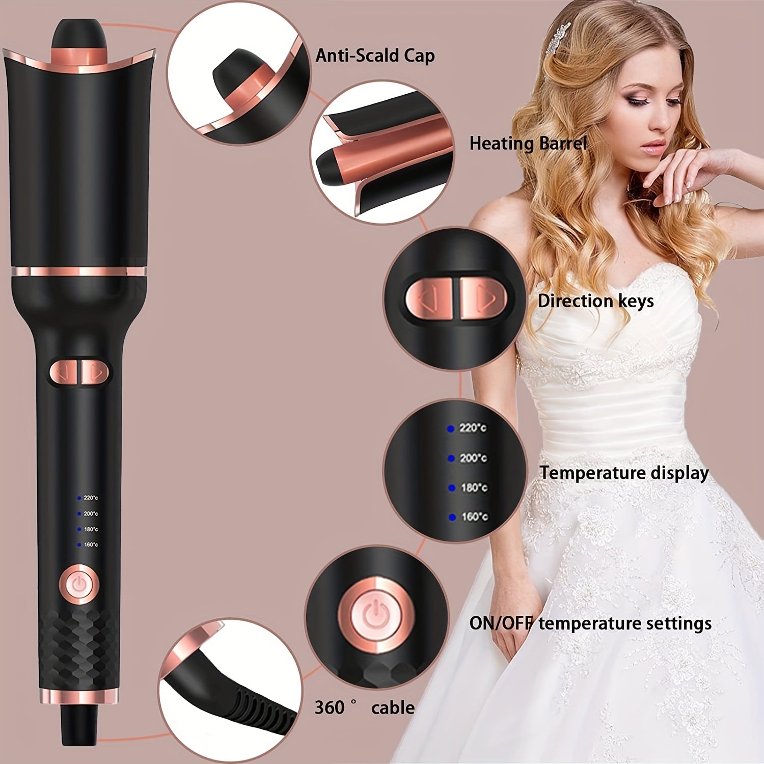 360° Rotating Hair Curler with 4-Speed Adjustable Temperature