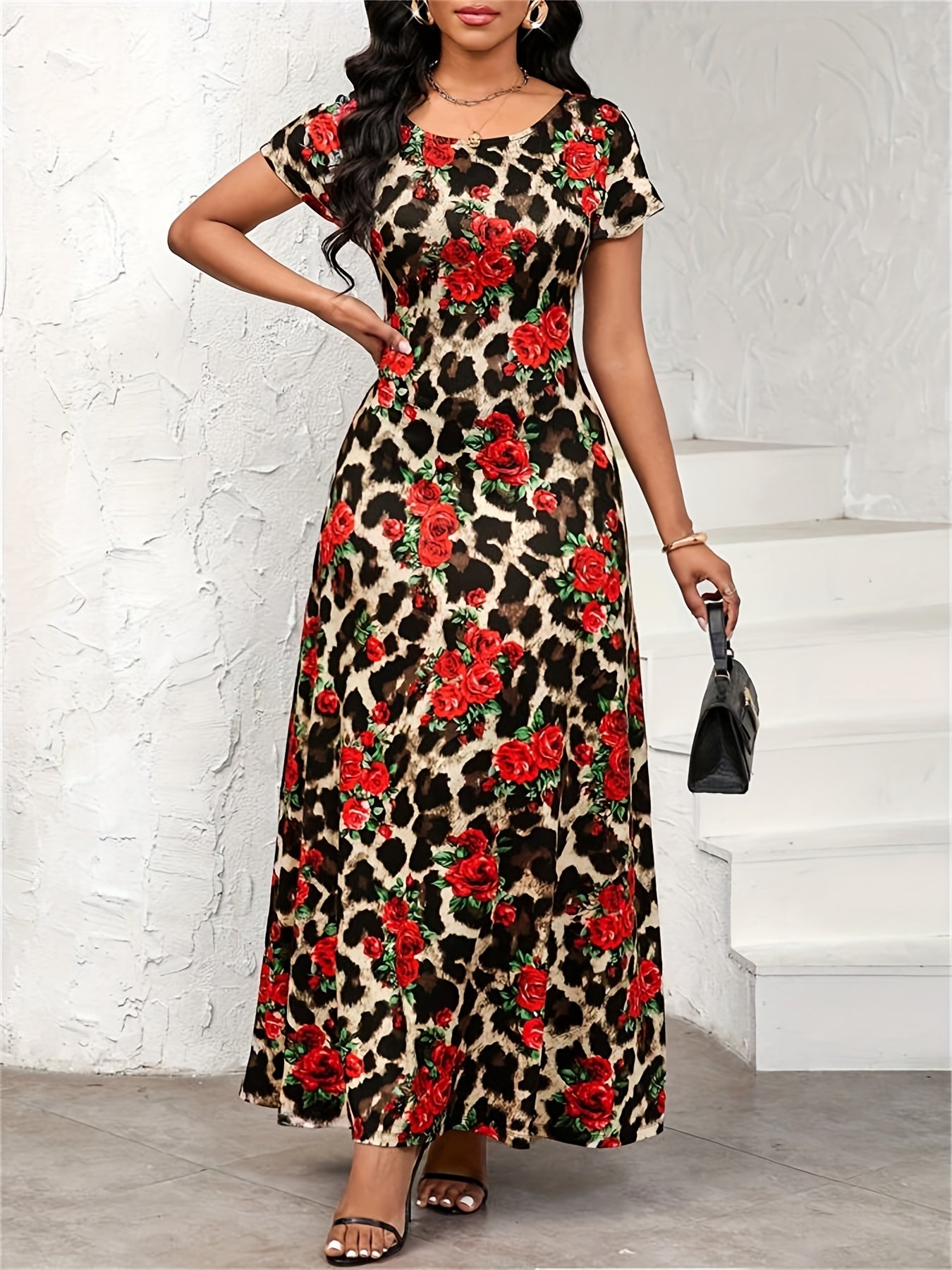 Women's Elegant Leopard Floral party dress - Flared A-Line skirt