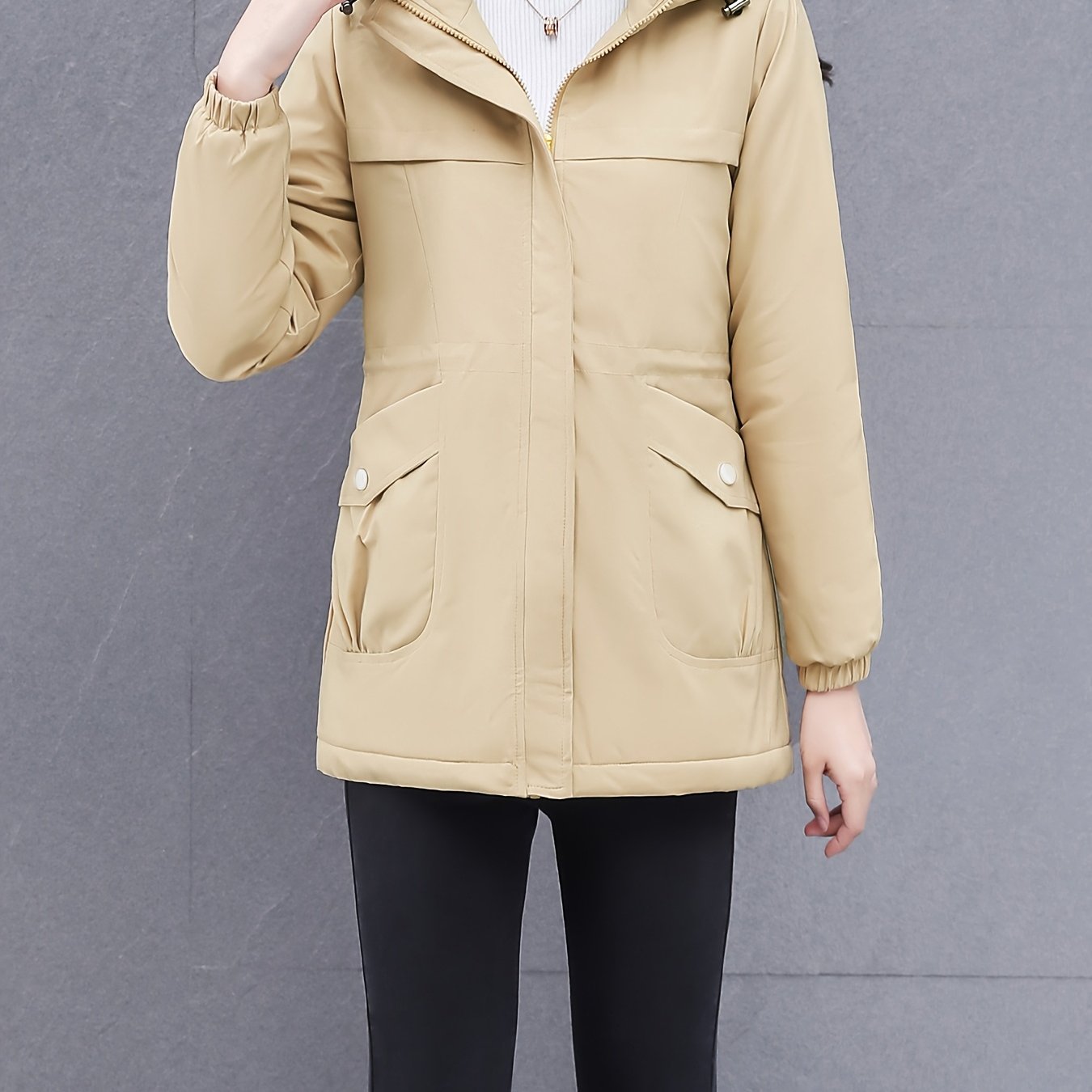 Women's Thick Winter Jacket with Collar - Warm Mid-Length Zippered Coat