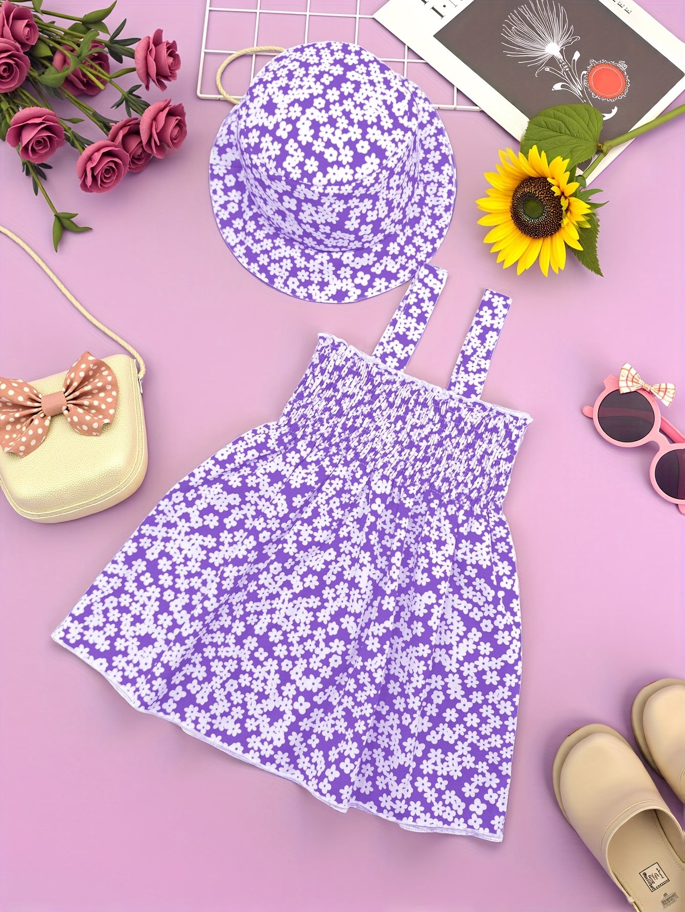 Casual Beachy Daisy Print Girls' Sleeveless Sun Hat Dress