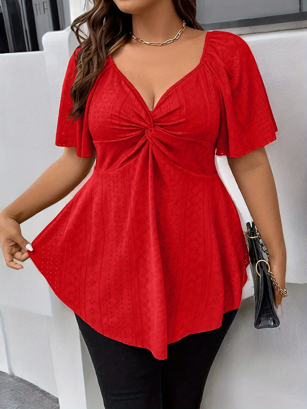 Stylish Plus Size Solid Eyelet Cutout Twist T-shirt
