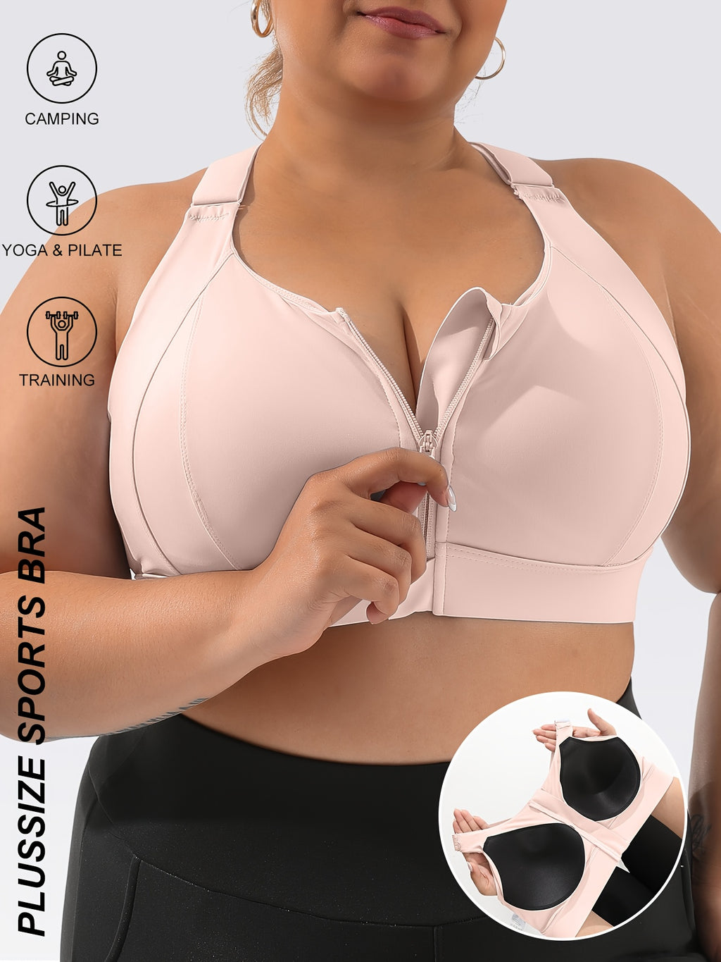 Plus Size Sports Bra with Front Zipper - High Impact, High Support, Adjustable Straps for Yoga