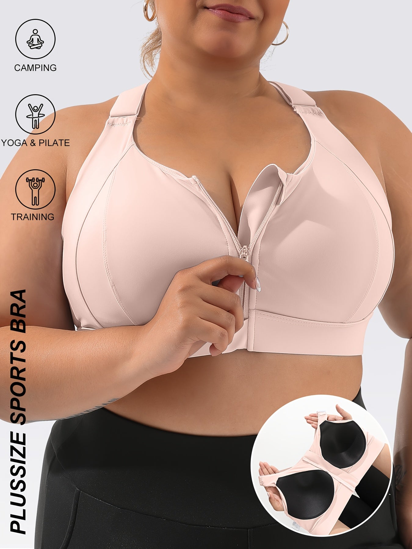 Plus Size Sports Bra with Front Zipper - High Impact, High Support, Adjustable Straps for Yoga
