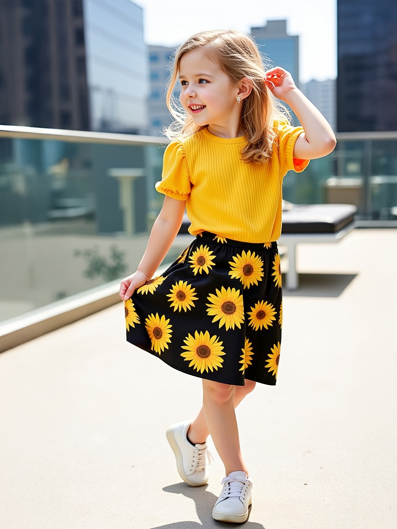 Girls' Sunflower Print Short Sleeve Top + Skirt Set