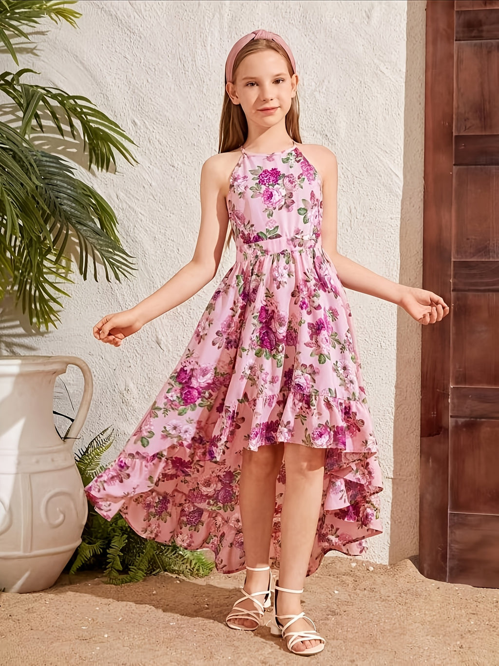 Sleeveless Off-Shoulder Elegant Floral Print Midi Dress for Teen Girls