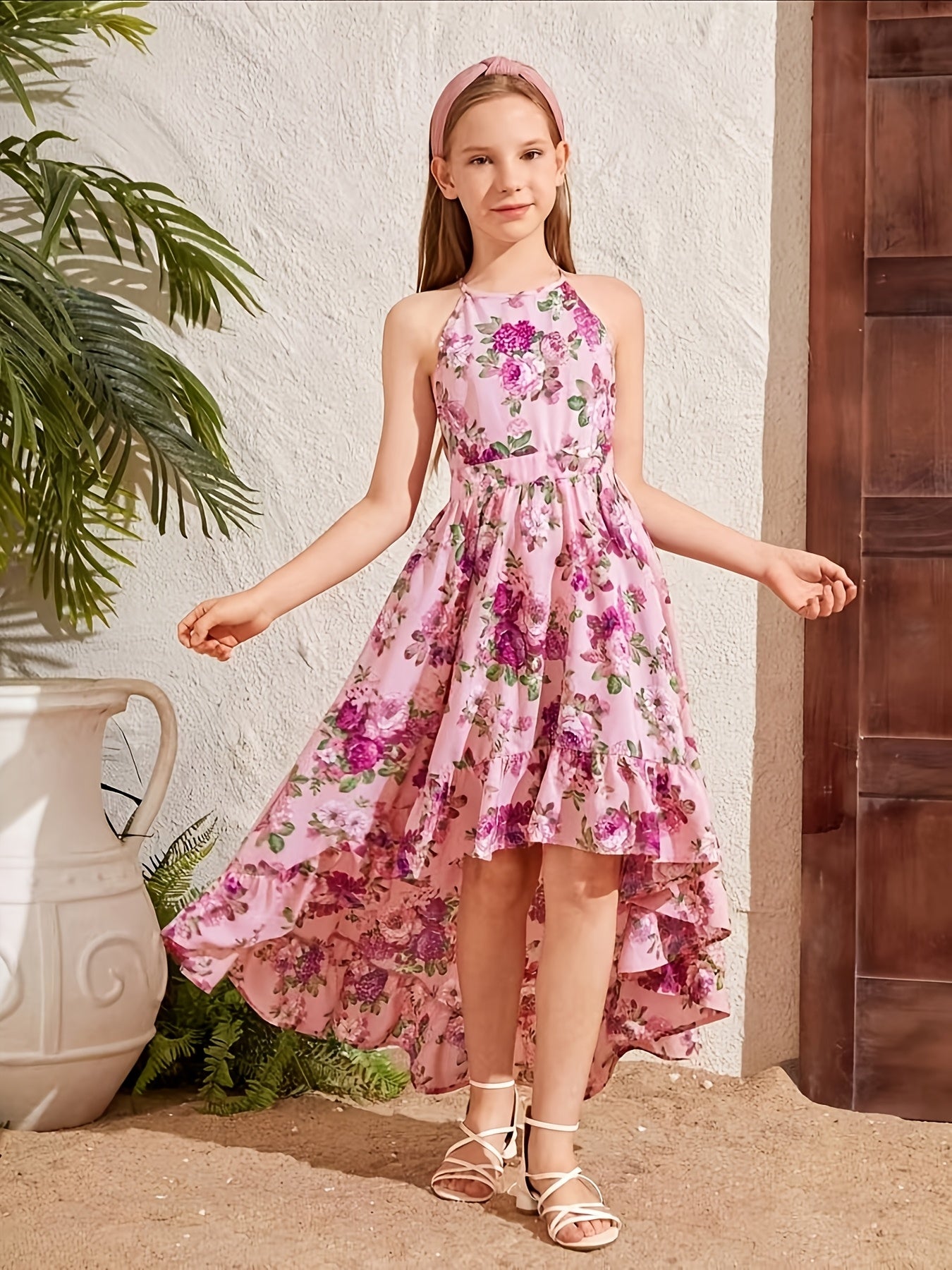 Sleeveless Off-Shoulder Elegant Floral Print Midi Dress for Teen Girls