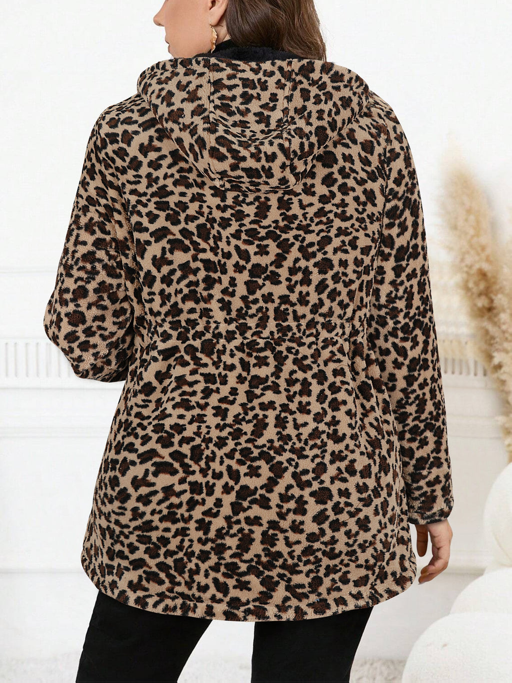 Plus Size Oversized Reversible Leopard Print Fleece Hoodie for Women