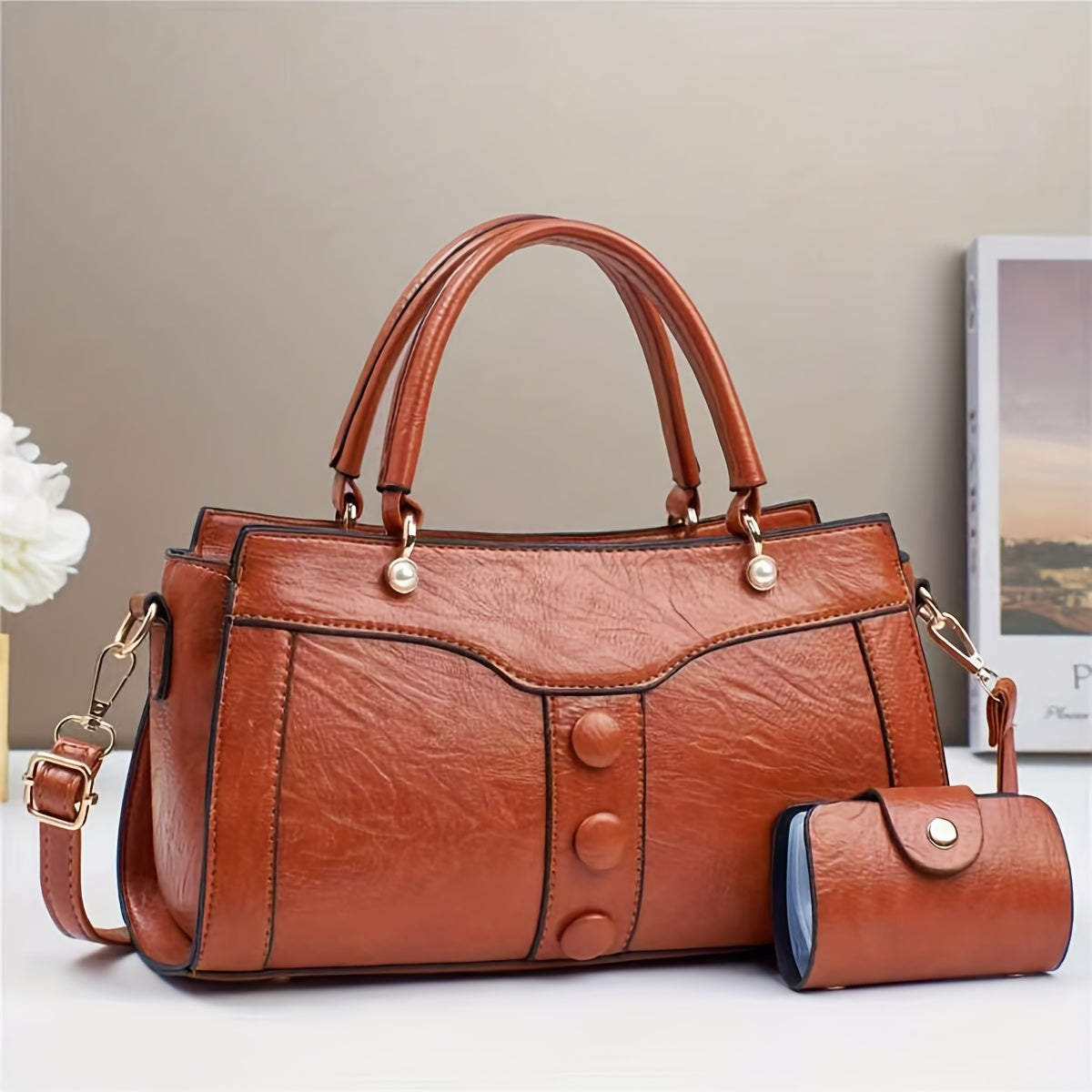 Women's Elegant Beige Synthetic Crossbody Bag with Golden-Tone