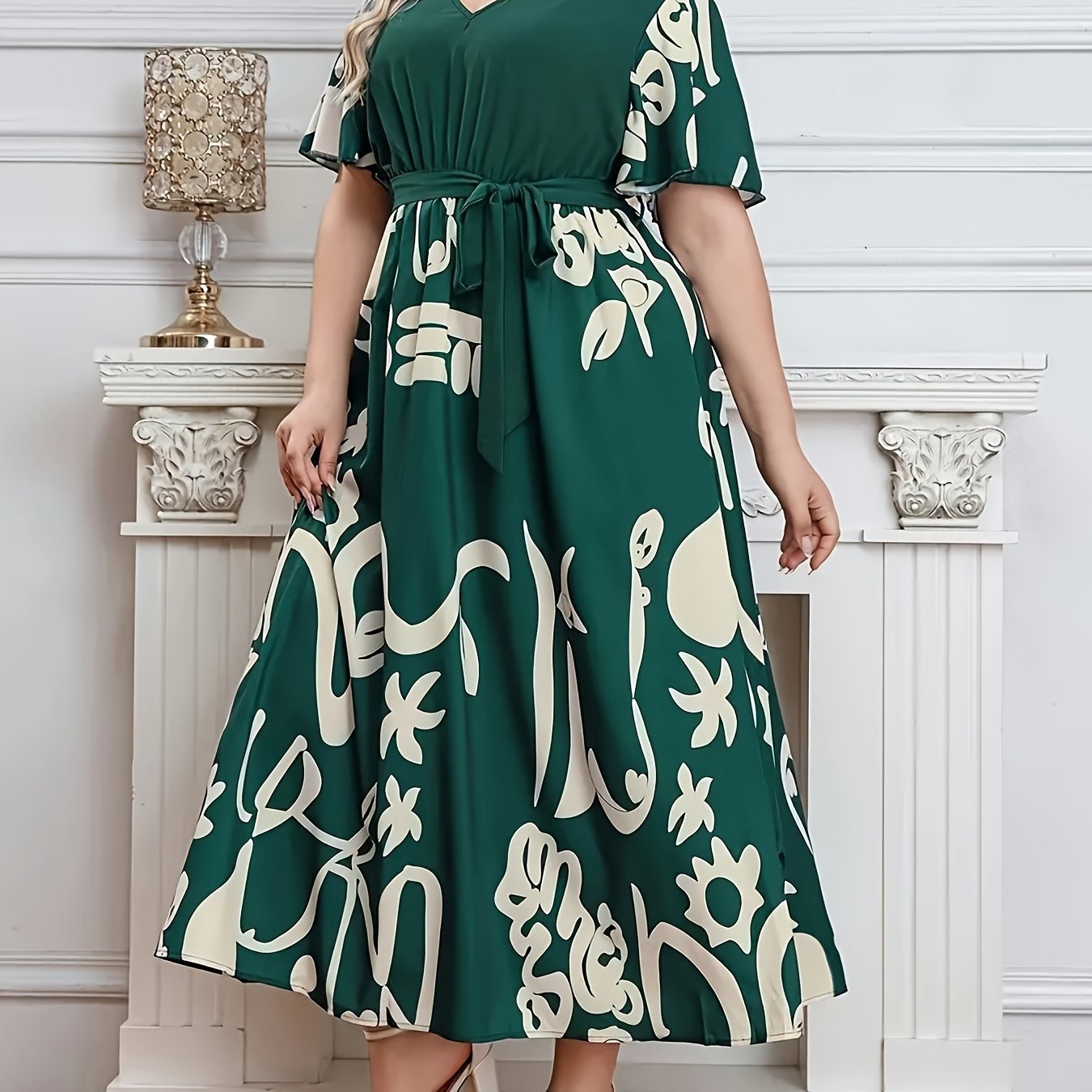 Elegant Short Sleeve V Neck Longline Dress With Belt For Plus Size Women