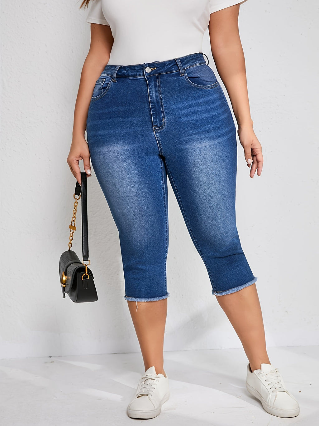 Plus size Women's cropped jeans summer straight raw pants