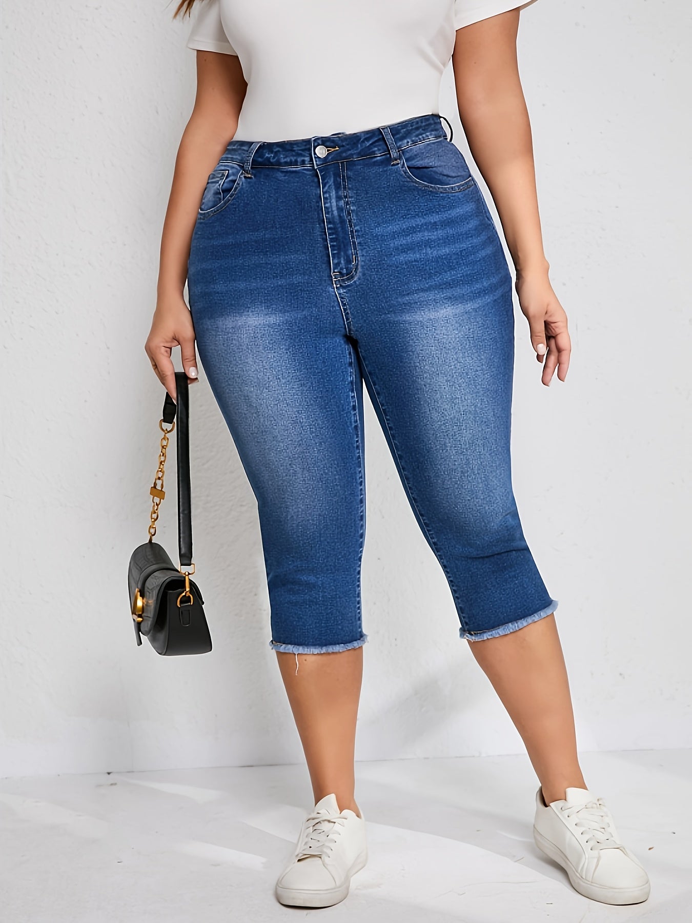 Plus size Women's cropped jeans summer straight raw pants