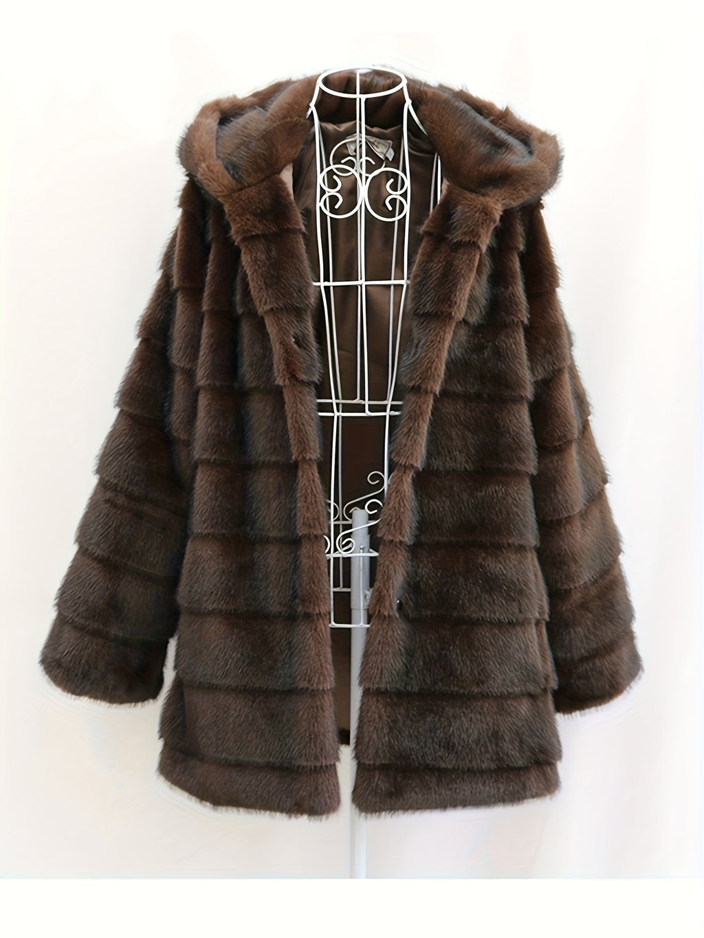 Women's Elegant Faux Fur Coat - Mid-Length Winter Jacket with Front Closure, Flared Hem & Long Sleeves